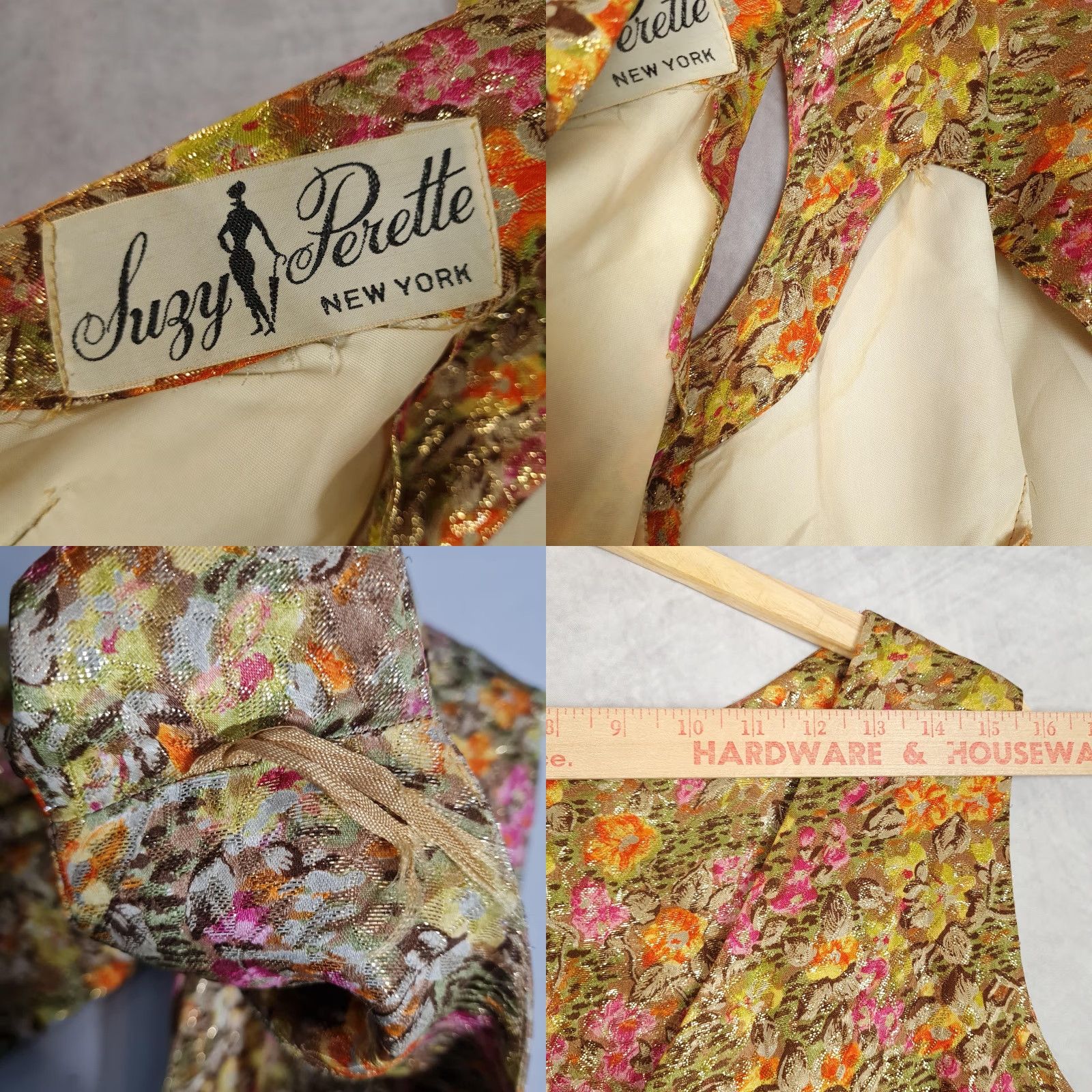 VINTAGE Suzy Perette Dress Womens Small Floral Metallic Jacquard Fit Flare  60s - qrcadvogados.com.br