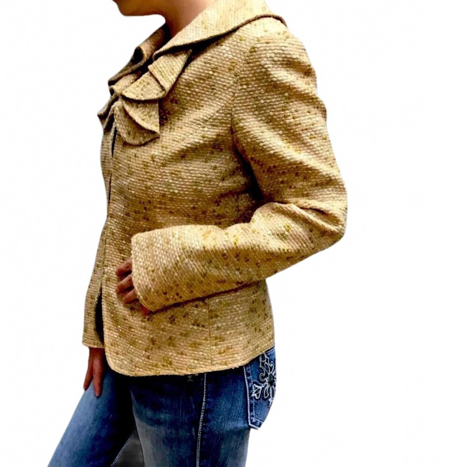 Designer Y2K Lafayette 148 Nude & Gold Wool Blend Tweed Jacket Size L / US 10 / IT 46 - 2 Thumbnail