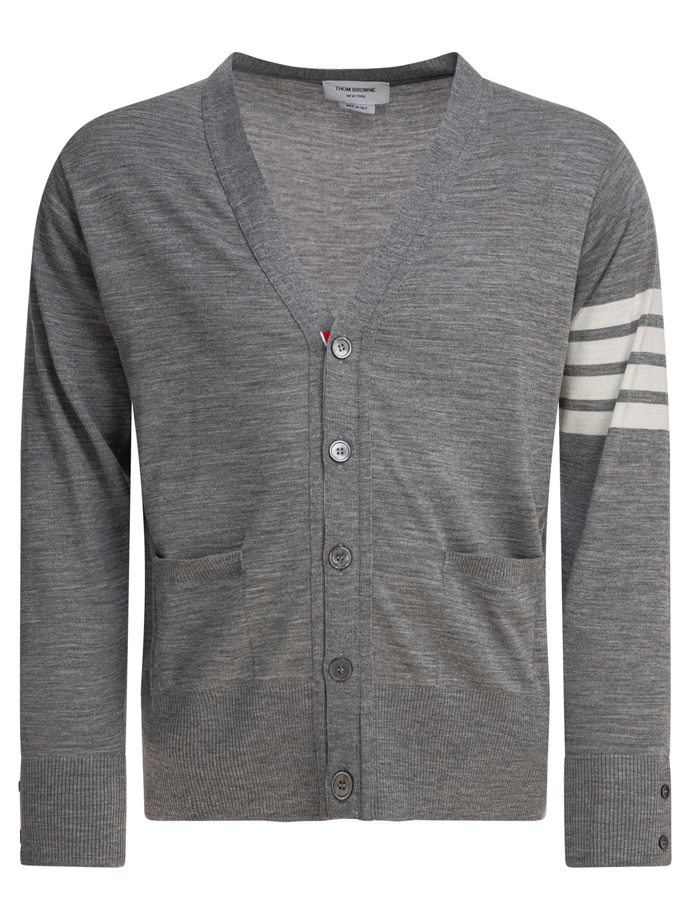 Classic V-Neck Cardigan In Fine Merino Wool W/ 4Bar Stripes