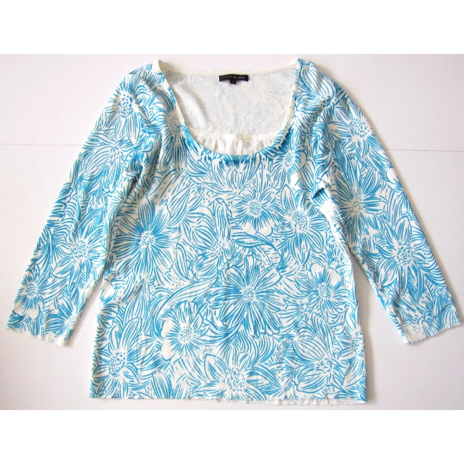Vintage VINTAGE Pierri New York Blue Ivory Floral Stretch Scoop Neck 3/4 Sleeve Sweater Large Size L / US 10 / IT 46 - 2 Thumbnail