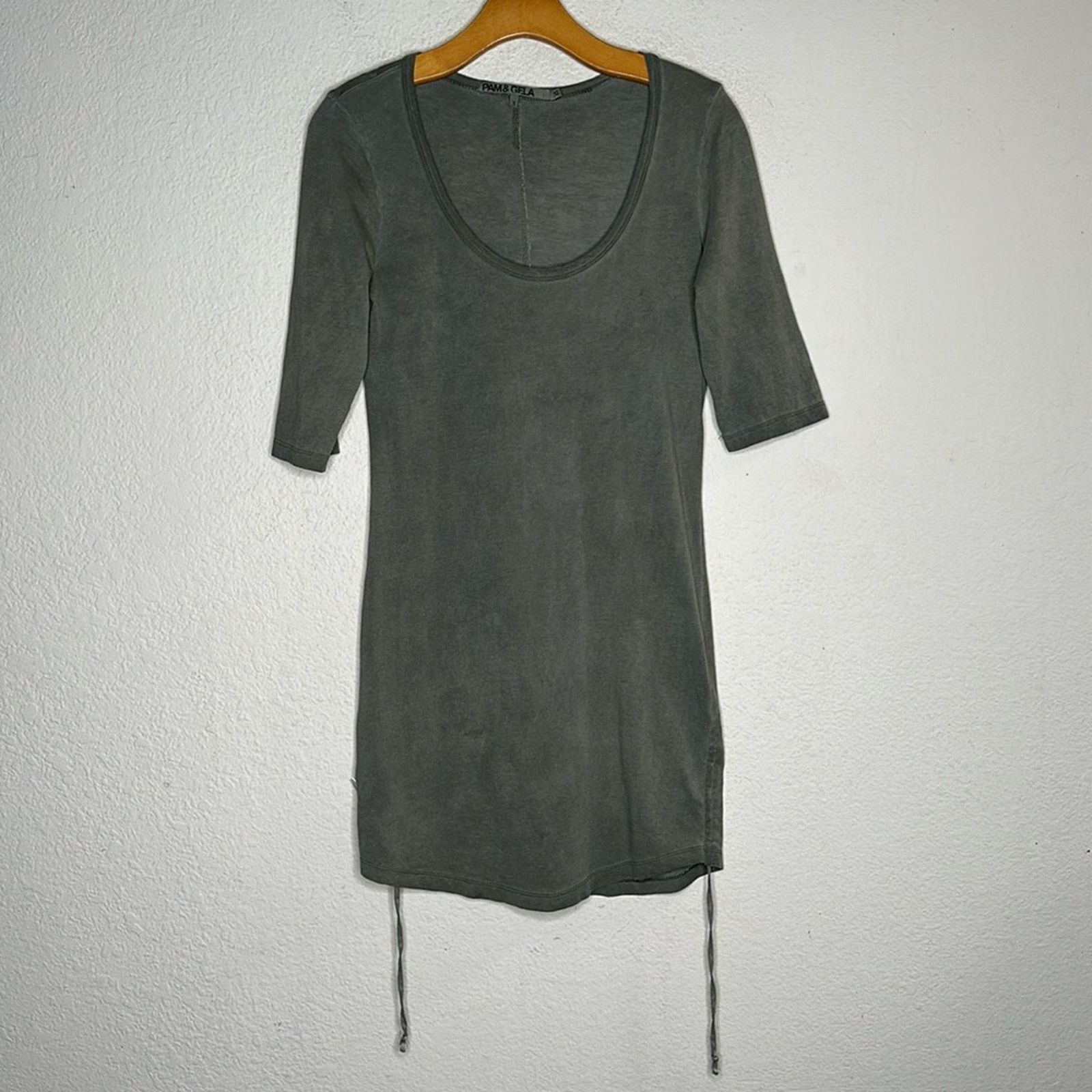 Pam & Gela Pam & Gela Scoop Neck Dress Ruched 1/2 Sleeve Khaki Green SM Size S / US 4 / IT 40 - 5 Thumbnail
