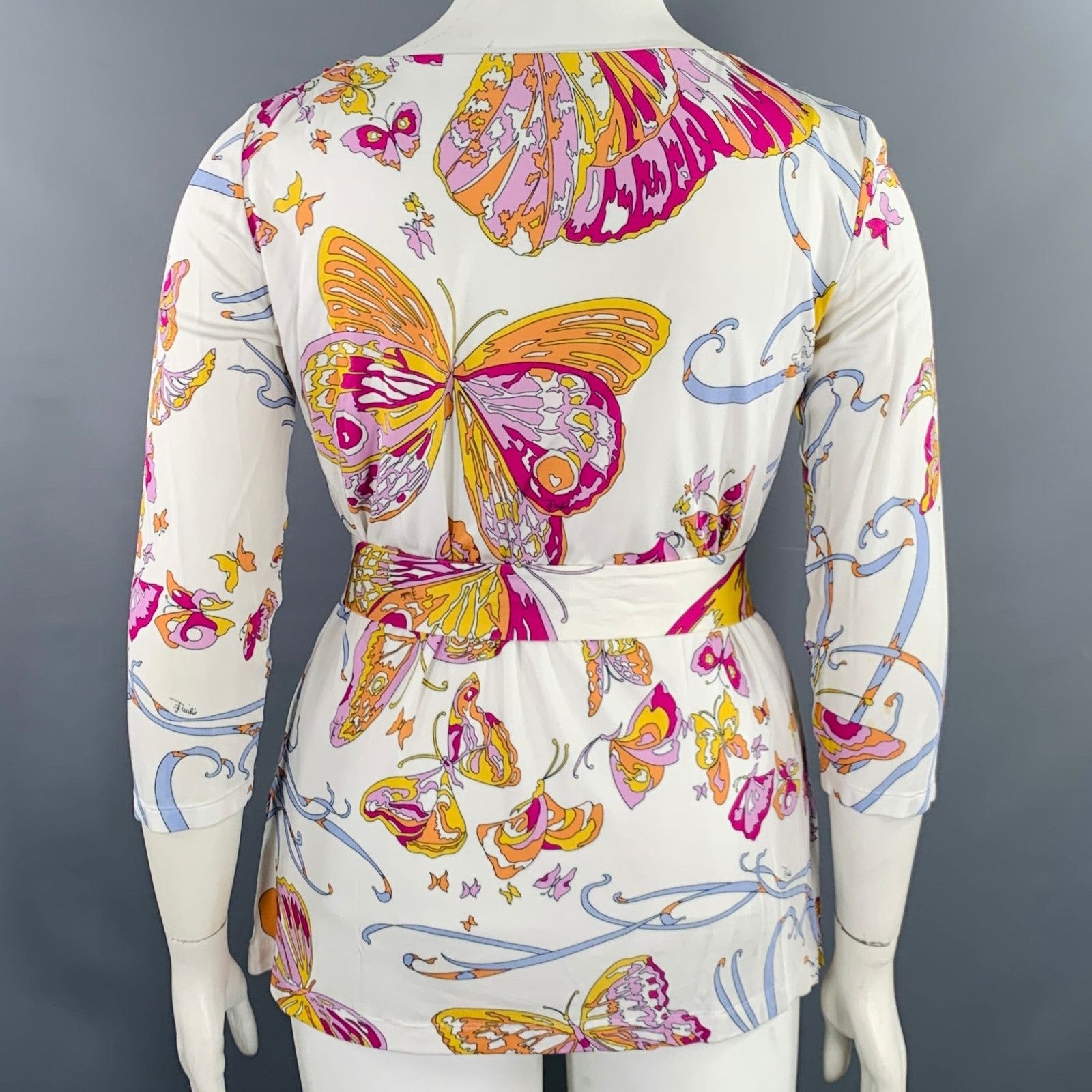 Emilio Pucci EMILIO PUCCI White Pink Butterflies 3/4 Sleeves Casual Top Size XL / US 12-14 / IT 48-50 - 3 Thumbnail