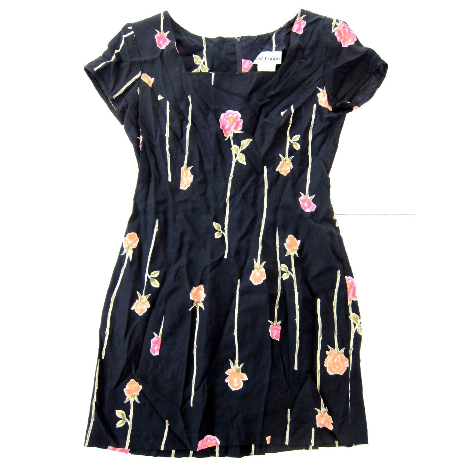 Vintage VINTAGE Just Choon Dress 100% Rayon Black Pink Rose Floral Short Sleeve S-M Women's Maxi Dress Size 28" / US 6 / IT 42 - 2 Thumbnail