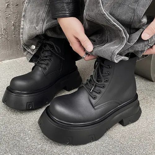 VIBE Chunky Sole Leather Boots - Lace-Up Design, Black Size US 8 / EU 41 - 1 Thumbnail