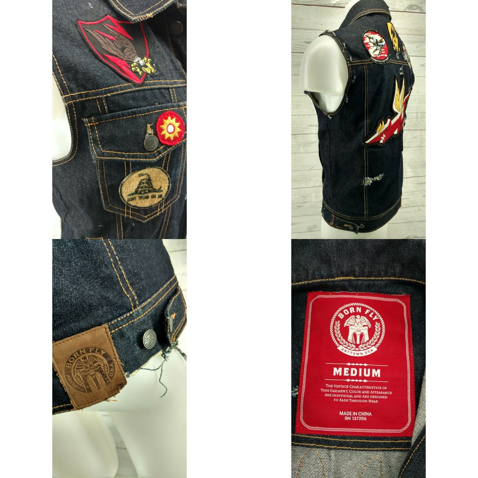 Born Born Fly Blue Denim Distressed Patch Pockets Jean Vest Men's Medium Size US 31 - 8 Thumbnail