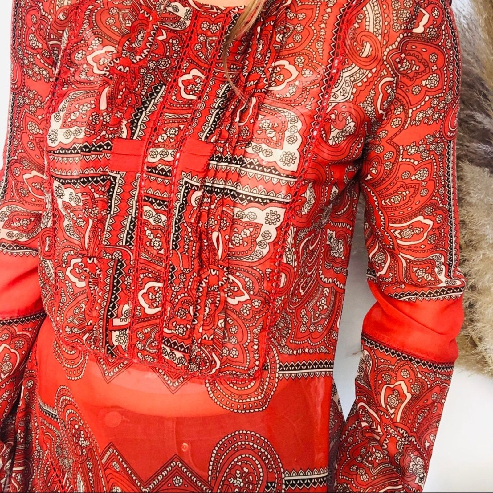 Anthropologie ANTHROPOLOGIE Red White Sheer Paisley Tunic Blouse Shirt Size S / US 4 / IT 40 - 4 Thumbnail