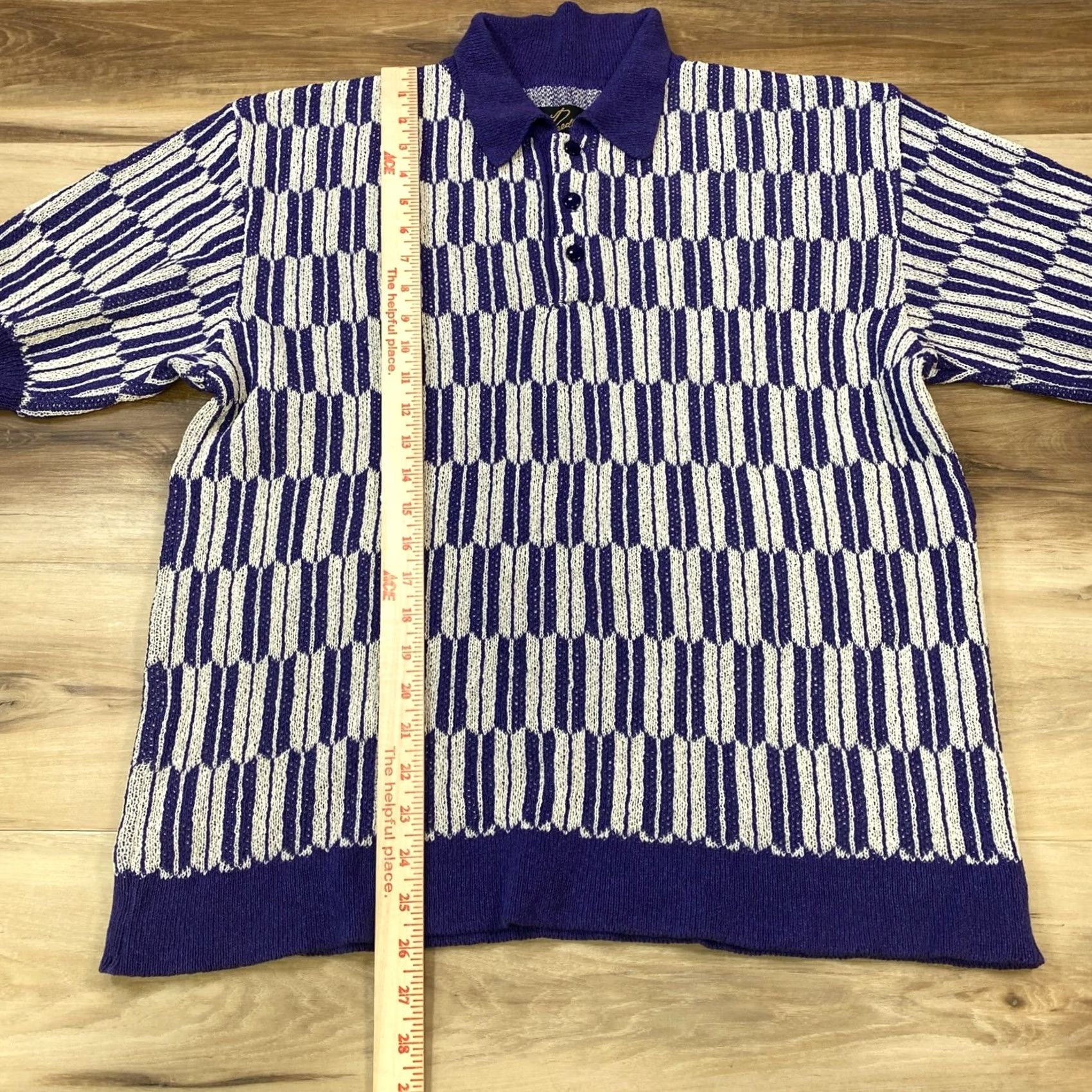 Needles VINTAGE Needles Knit Polo Mens M Purple White Geometric Nepenthes Japanese Paper Heritage Short Sleeve Collarless 43 in Chest Mens Regular Size M Size US M / EU 48-50 / 2 - 5 Thumbnail