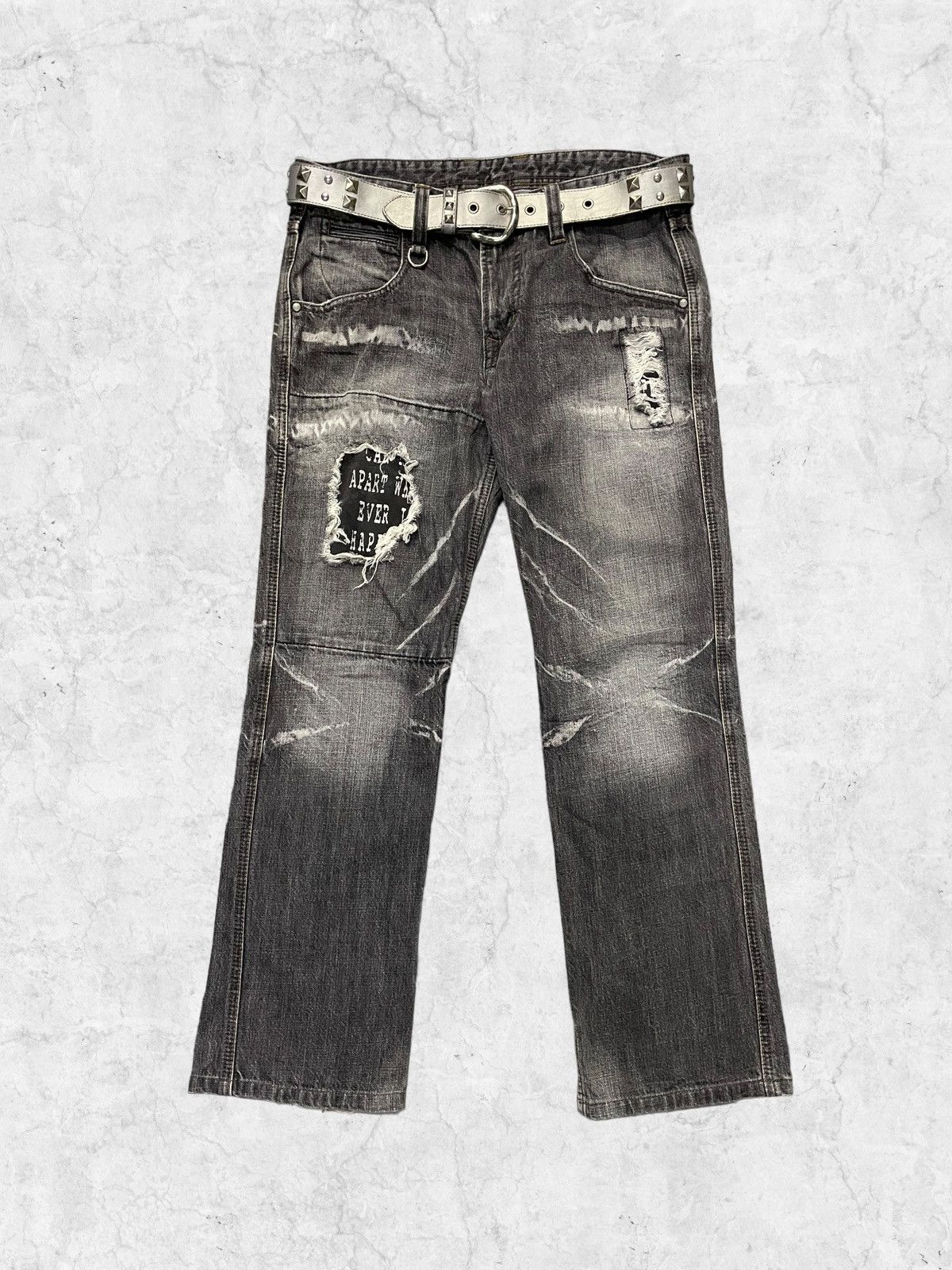 HIDEAWAYS × Japanese Brand Hideaways Distressed Patched Flared Jeans With Studded Belt Size US 32 / EU 48 - 1 Thumbnail