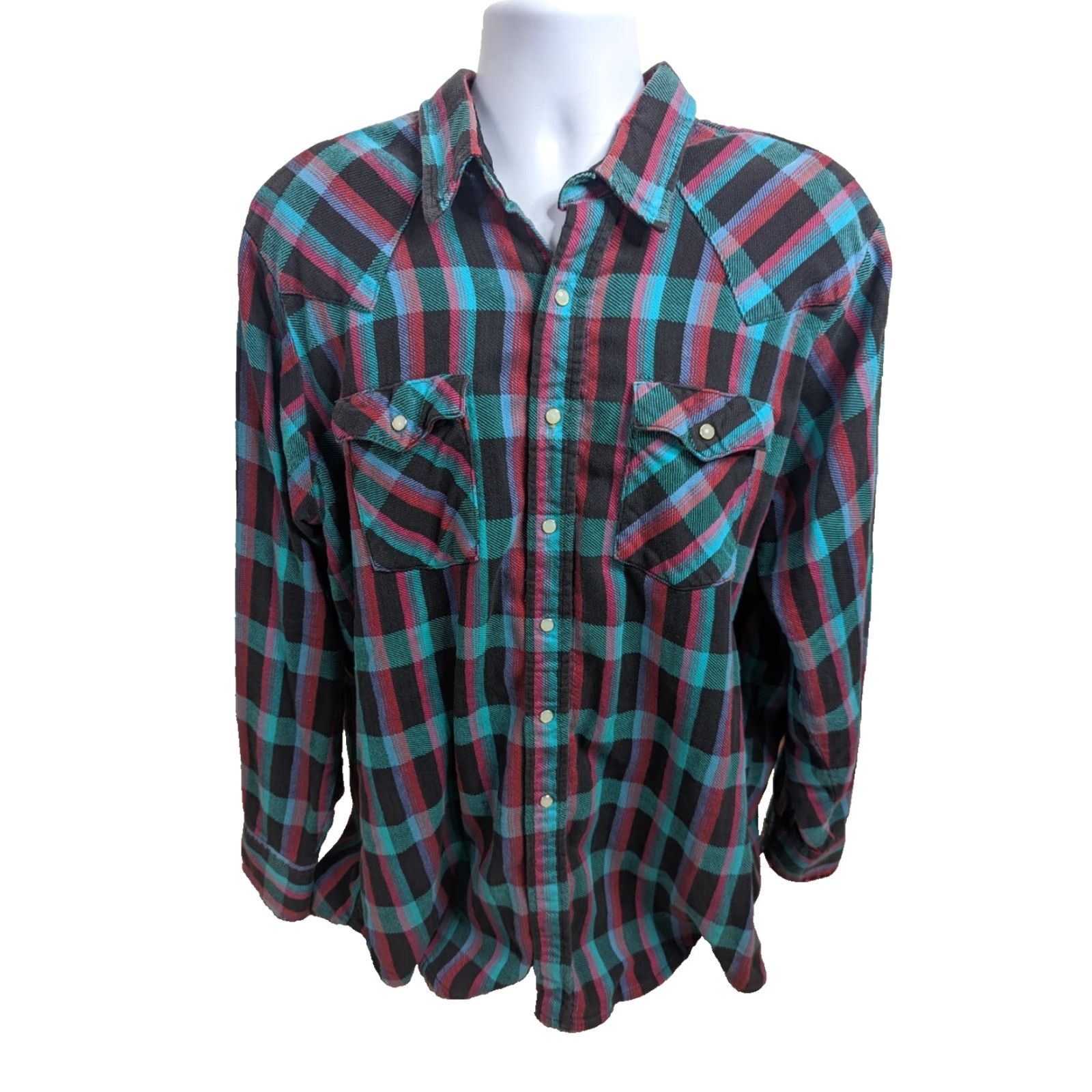 Vintage VINTAGE Saddle King Western Pearl Snap Teal Plaid Shirt Men’s 2XL L2S Regular Long Sleeve Button-Up Knit Plaid Shirt Mens 2XL Size US XXL / EU 58 / 5 - 2 Thumbnail