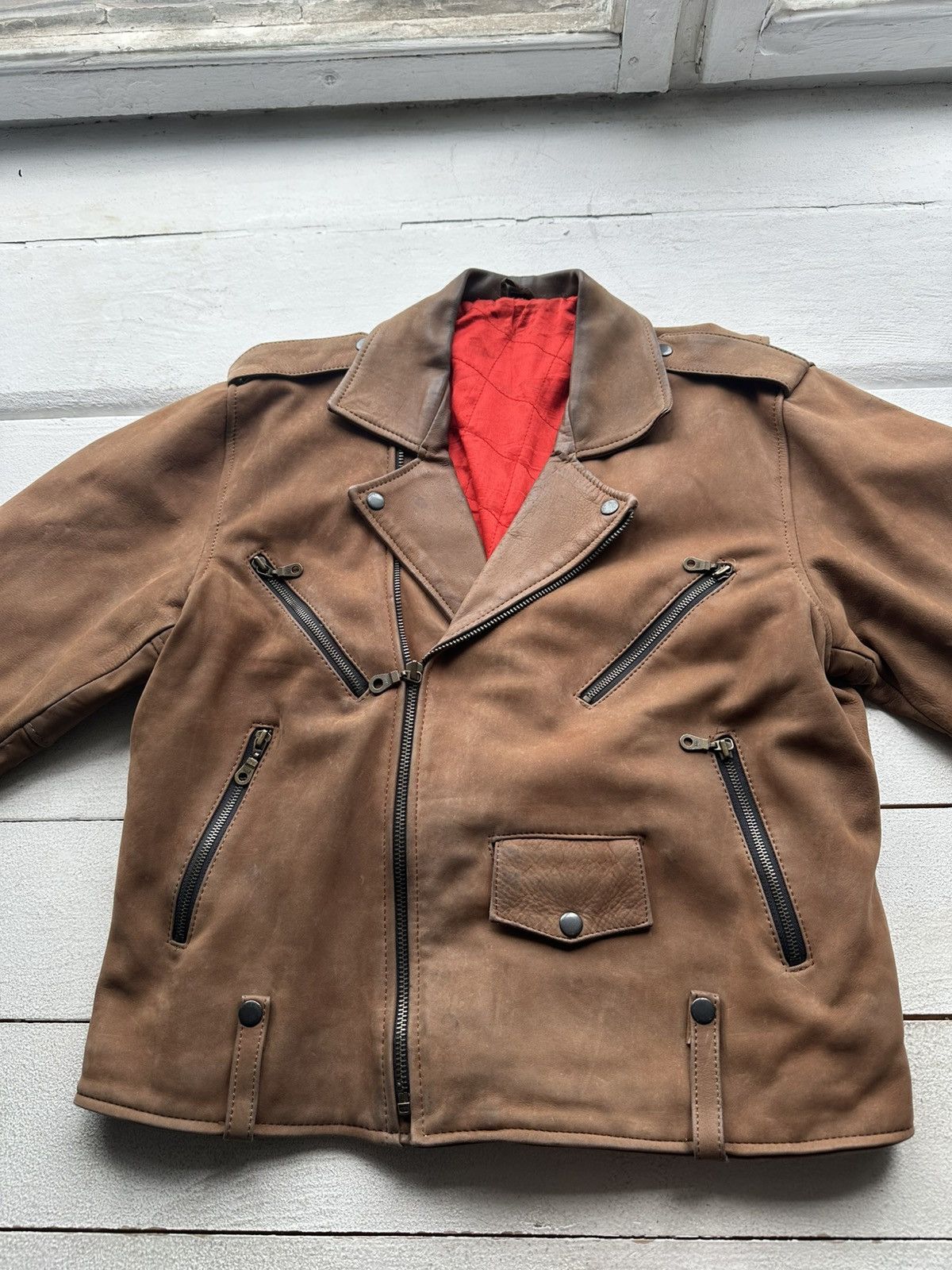Other 🚨VNTG LEATHER JACKET AVANT GARDE ASYMMETRICAL BROWN MOTO Size US XL / EU 56 / 4 - 4 Thumbnail