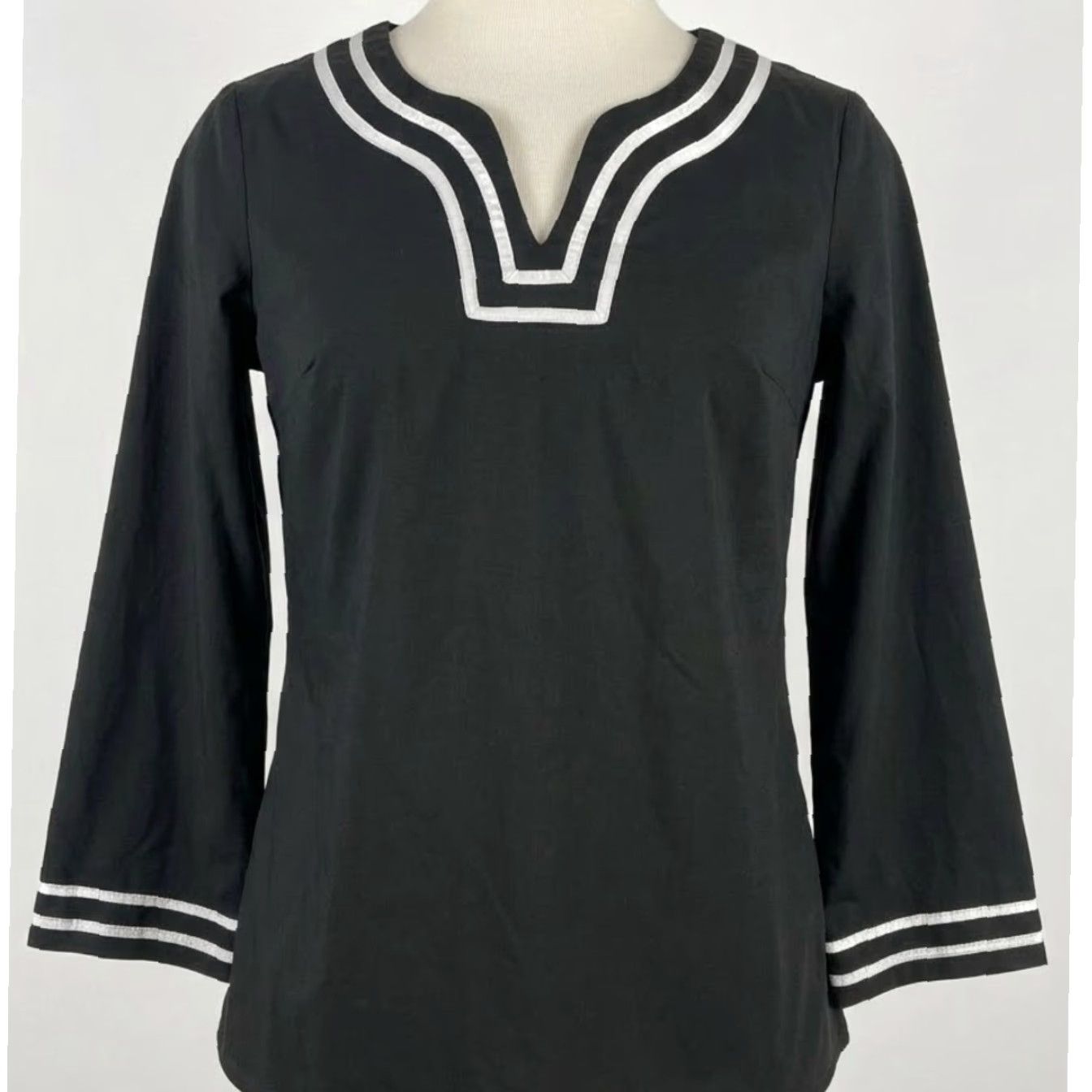Vintage eShakti Blouse M Black White Bell Sleeve V-Neck Minimalist Boho Hippie Bohemian Prairie Shirt Womens Size M / US 6-8 / IT 42-44 - 2 Thumbnail