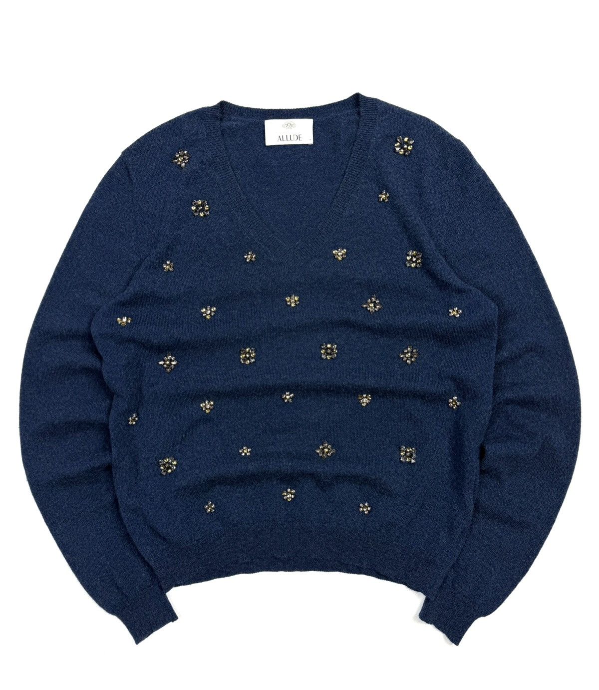 Allude Allude Cashmere Wool Crystal Flower V-neck Knit Sweater L Size L / US 10 / IT 46 - 1 Thumbnail