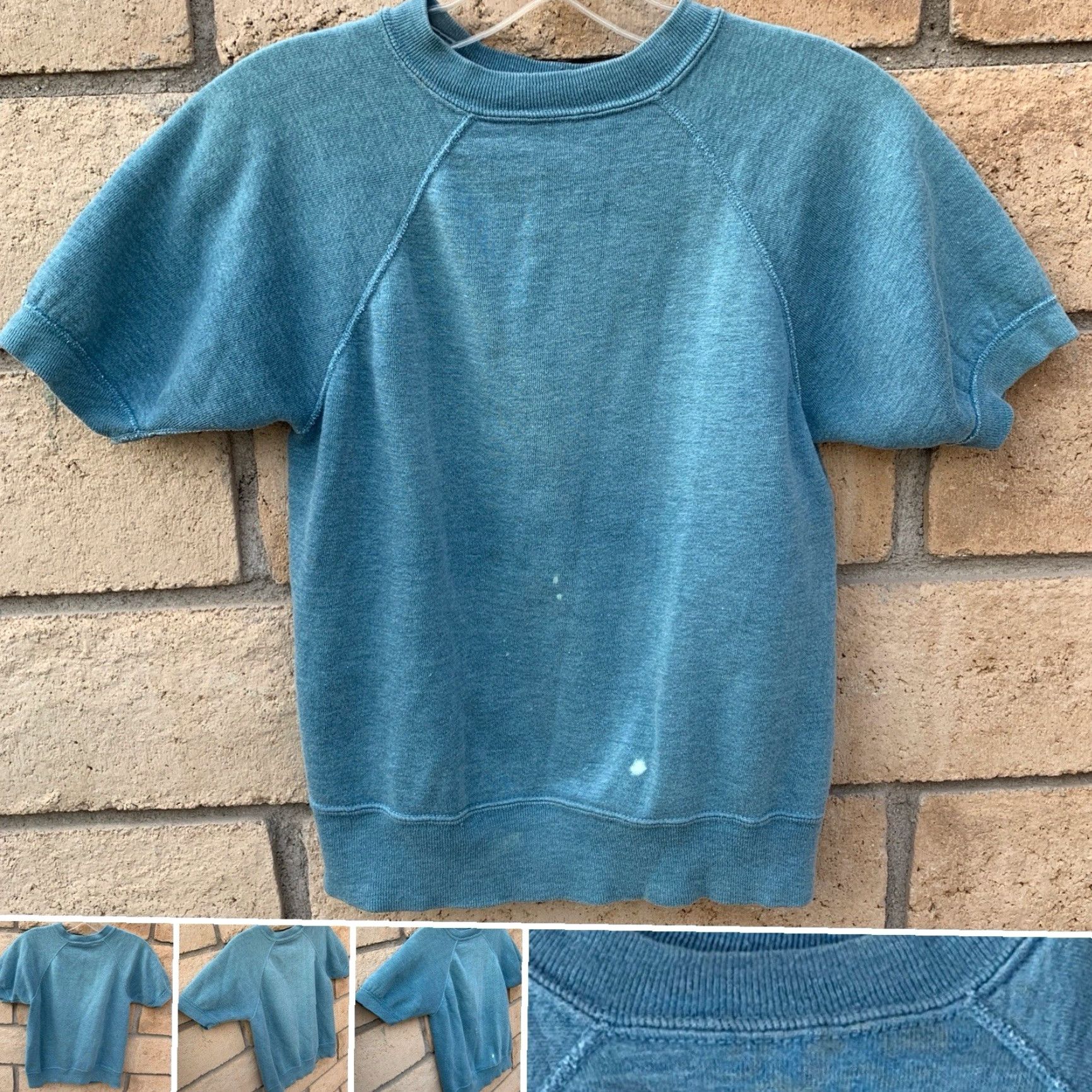Vintage VINTAGE Raglan Short Sleeve Sweatshirt Blue XS Pullover Distressed Bleached Spots Popover Jumper Greaser Beatnik Worn Untypical Vintage Size US XS / EU 42 / 0 - 2 Thumbnail