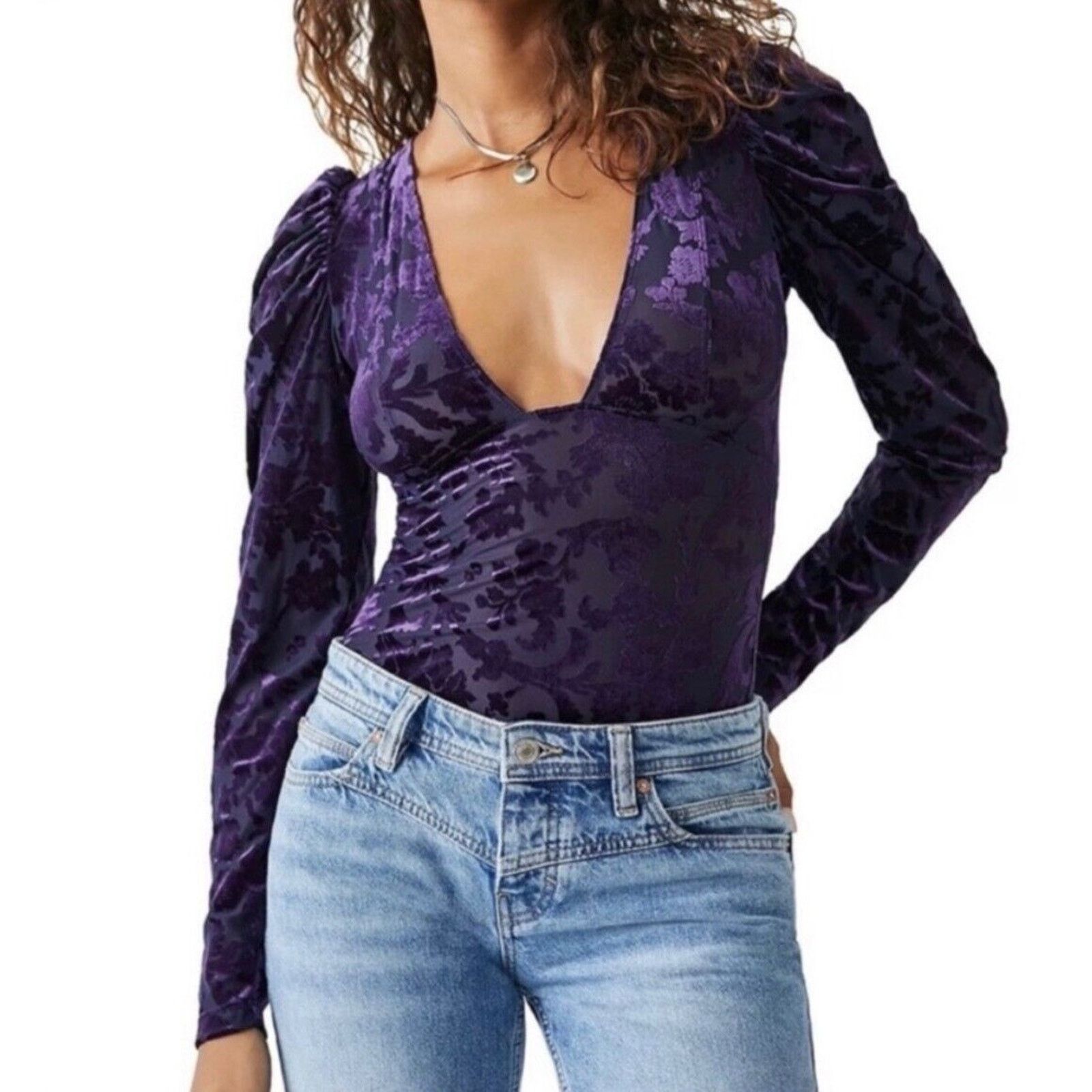 Free People Free People Velvet Burnout Bodysuit Deep Sea New Small Size S / US 4 / IT 40 - 1 Thumbnail