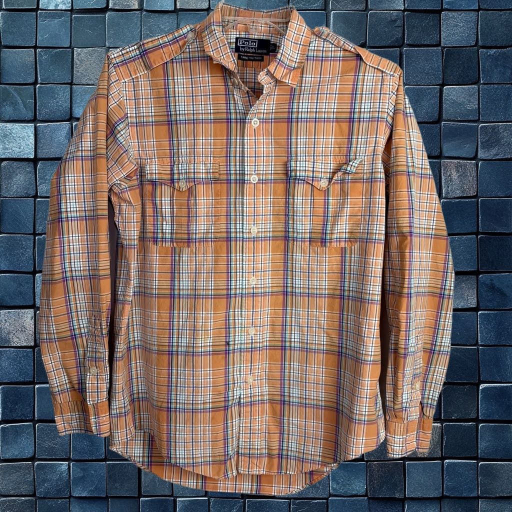 Polo Ralph Lauren Shirt Mens L Orange Plaid Long Sleeve Trim Military Button-Up Classic Casual Pockets Cotton, Men's