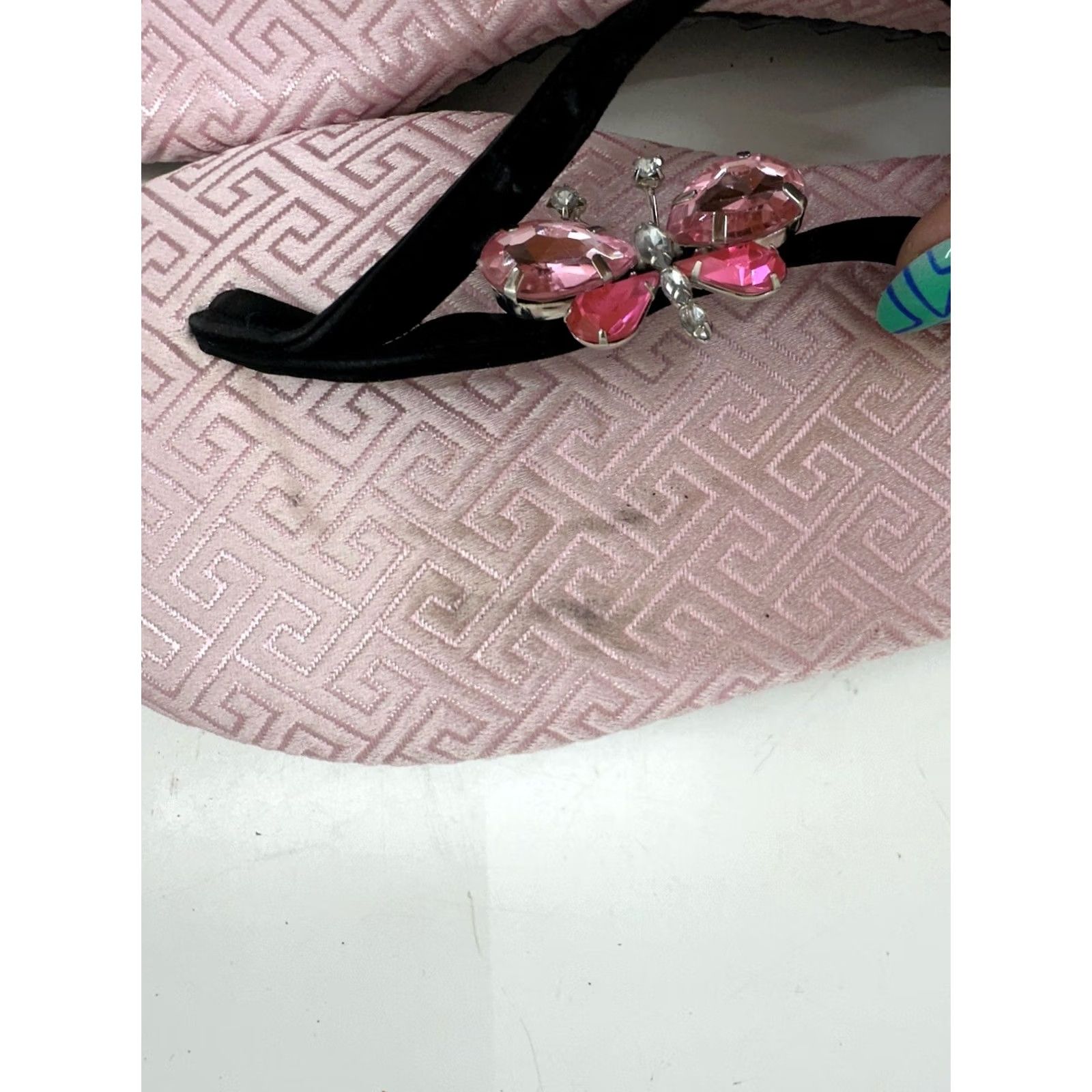 Pinko Chilis Womens Flip Flops Size 6 Pink Rhinestone Butterfly Suede Thong 80s 90s NEW Size US 6 / IT 36 - 7 Thumbnail