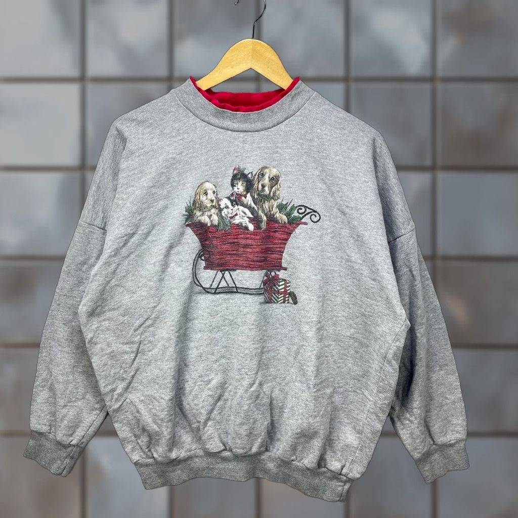 Vintage VINTAGE 90s Sweatshirt Men XL Gray Pullover Dog Cat Animal Nature Christmas Cute Large Size US XL / EU 56 / 4 - 1 Thumbnail