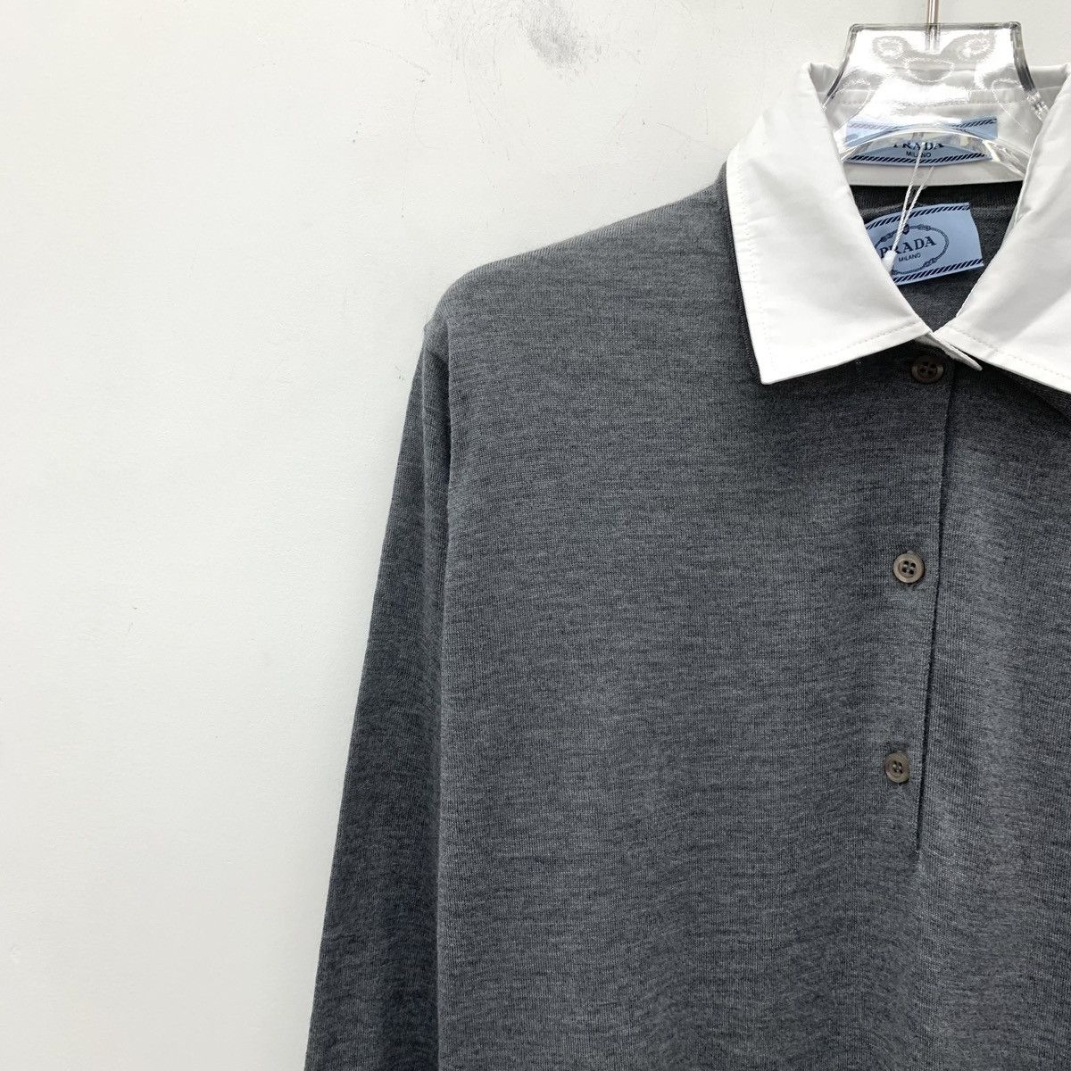 Prada Prada Grey Wool Lapel Long Sleeve Knit Polo K26WX Size M / US 6-8 / IT 42-44 - 3 Thumbnail