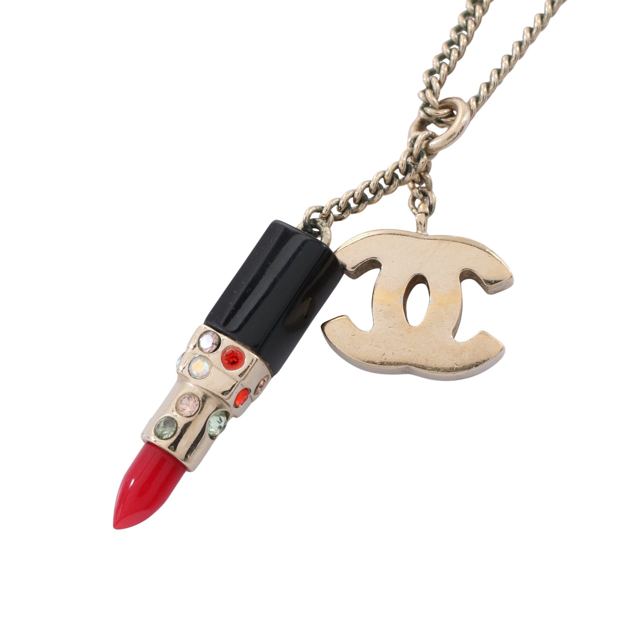 Chanel Chanel Coco Mark Lipstick Necklace Gp Rhinestone Gold Black Multicolor 05P Size ONE SIZE - 1 Thumbnail