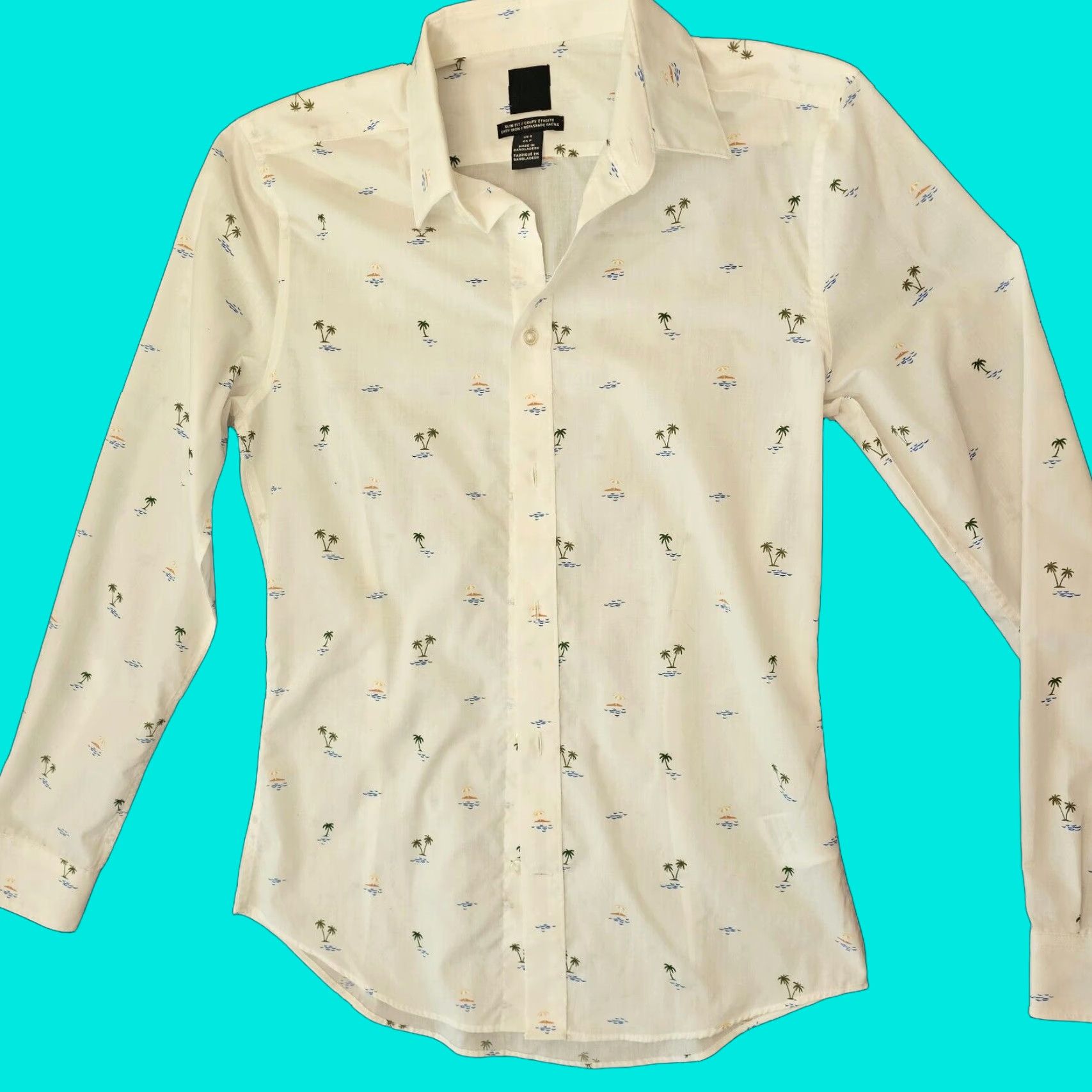 H&M H&M Shirt Men Button-Down White Palm Trees Print Long Sleeve Size S Geometric Pattern Cotton Blend Reg Fit Size US S / EU 44-46 / 1 - 1 Thumbnail