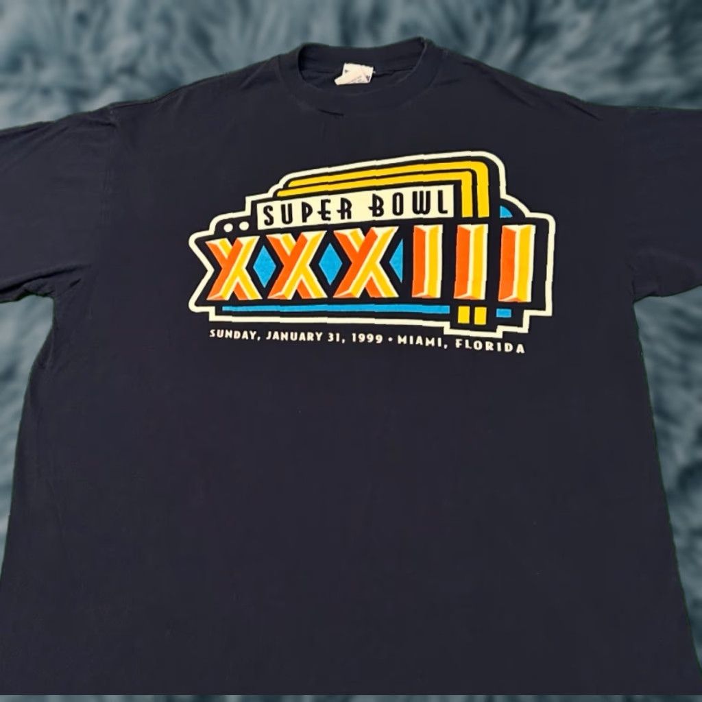 NFL VINTAGE 90s NFL Super Bowl 1999 Miami Florida VTG Shirt Mens XL Broncos Falcons T-Shirt Blue Men XL 90s Sports Florida Vintage Size US XL / EU 56 / 4 - 1 Thumbnail