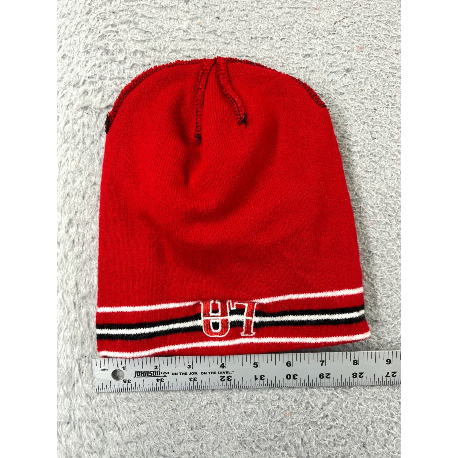 Vintage VINTAGE Los Angeles Beanie Toque Adult One Size Red Stripe Knit Embroidered 100% Acrylic Size ONE SIZE - 4 Thumbnail