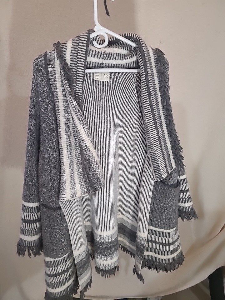 Other Saturday Sunday Open Front Gray Stripe Fringe Cardigan Size L / US 10 / IT 46 - 1 Thumbnail