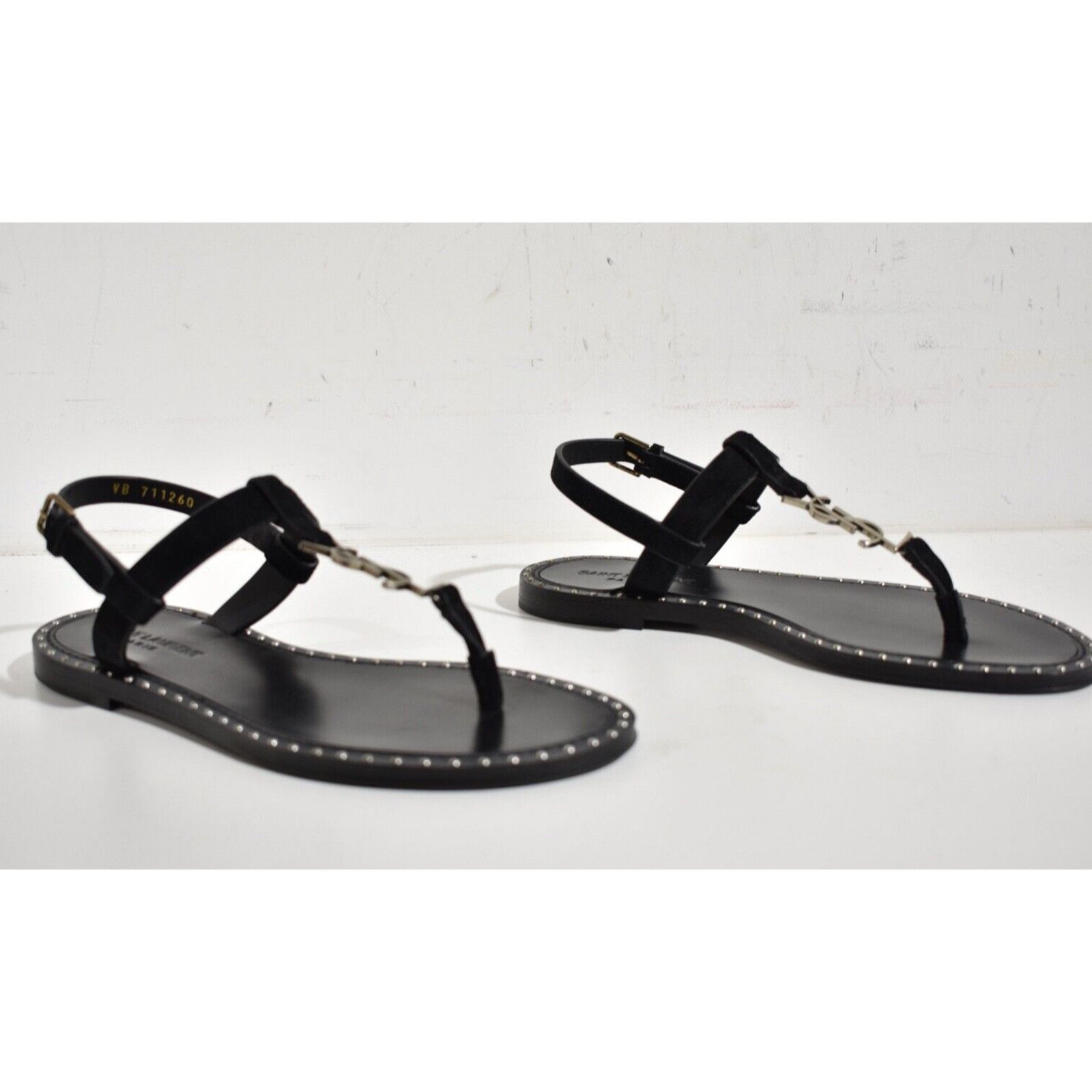 Yves Saint Laurent Saint Laurent YSL Logo Iota 05 Black Suede Studded Thong Size US 7 / IT 37 - 4 Thumbnail