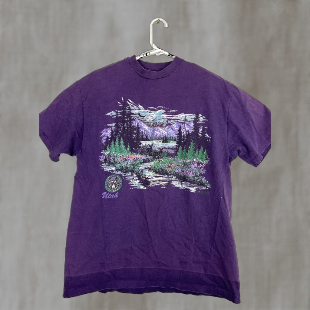 Hanes VINTAGE Hanes Mountain Spirit Utah Landscape 1993 Tee T-Shirt Women L Purple 1990s Cotton Nature Shirt Size L / US 10 / IT 46 - 1 Thumbnail