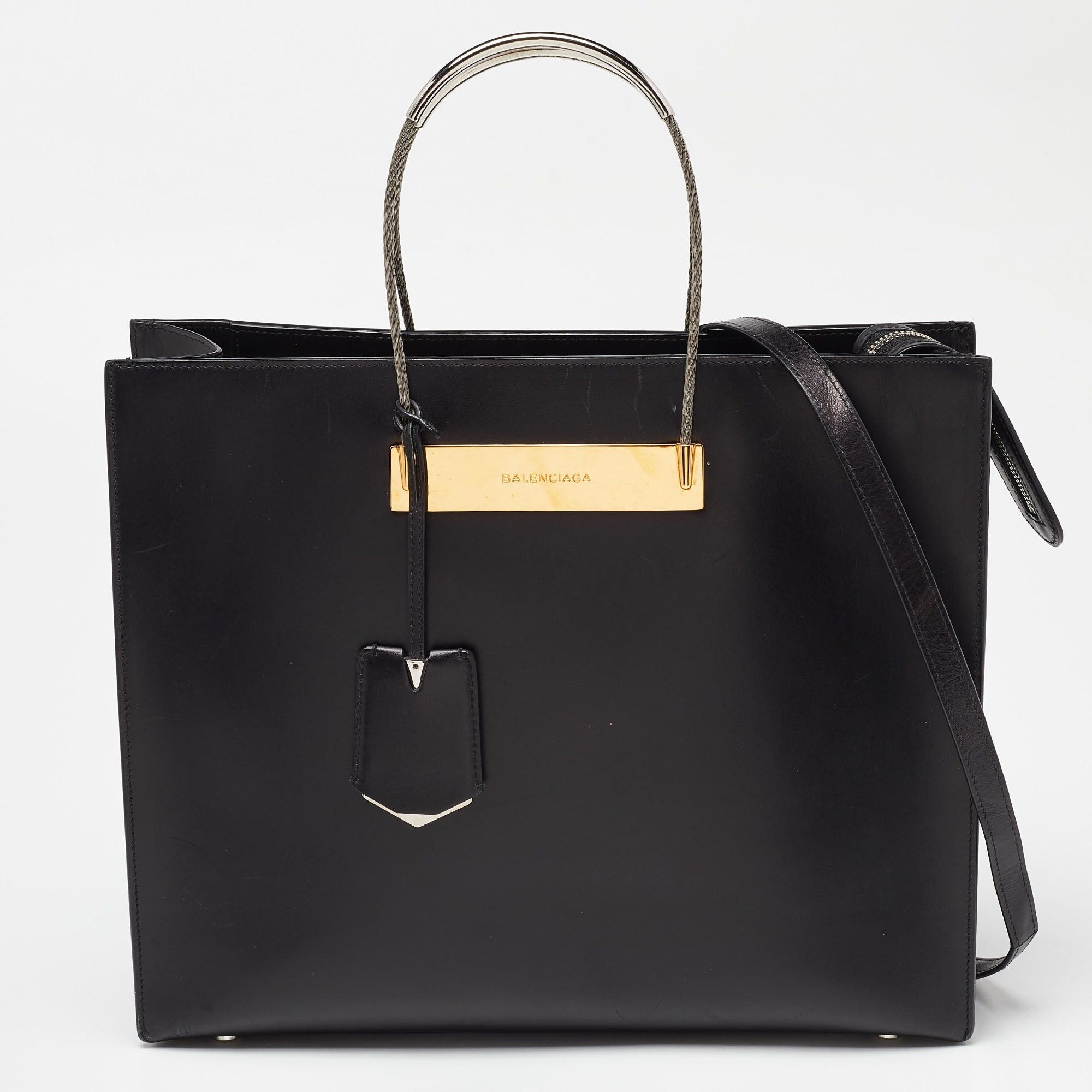 image of Balenciaga Black Leather Cable Shopper Tote, Women's