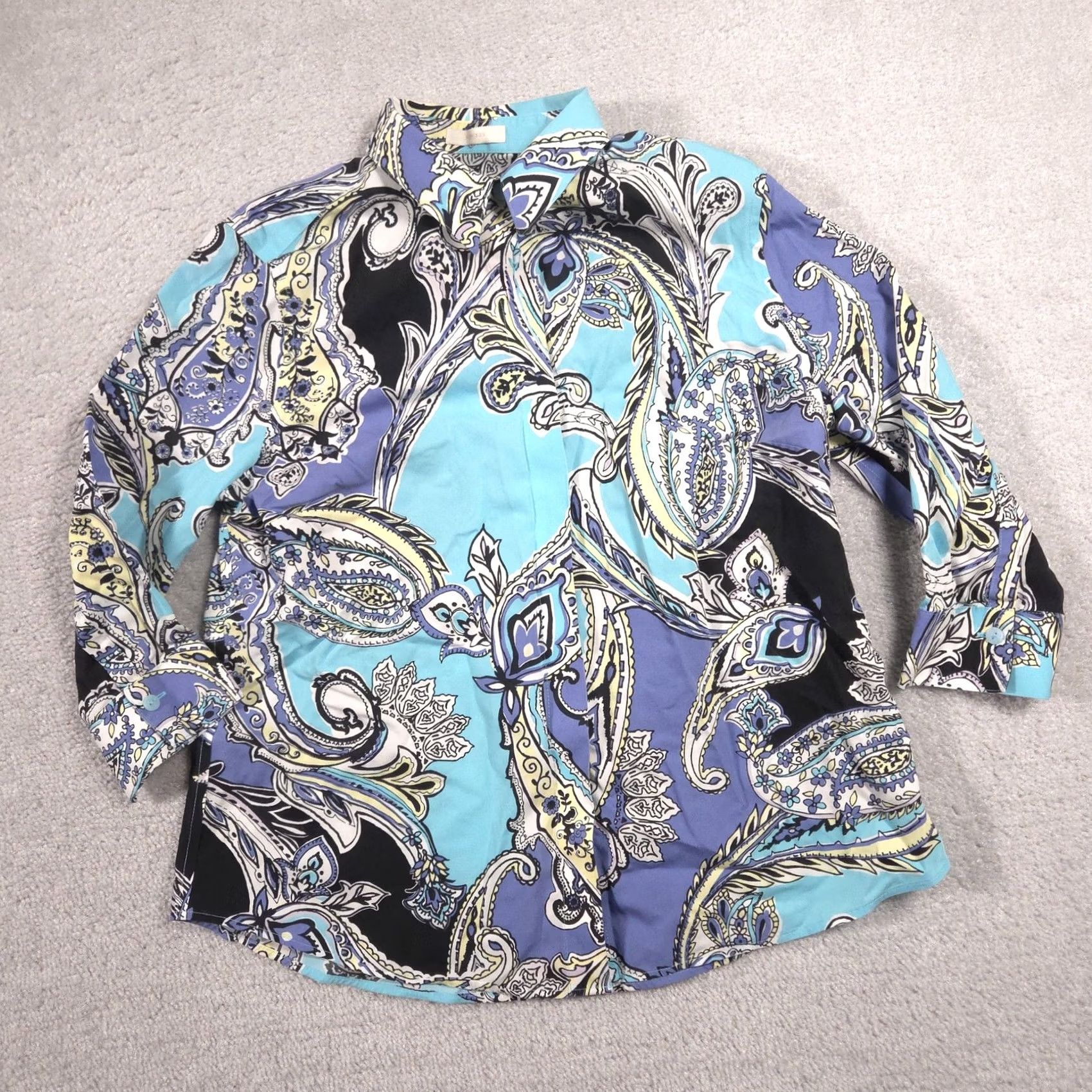 Vintage Chico's Shirt Womens Petite 0P Blue Paisley No Iron Button Front 3/4 Sleeve Top Size XS / US 0-2 / IT 36-38 - 3 Thumbnail