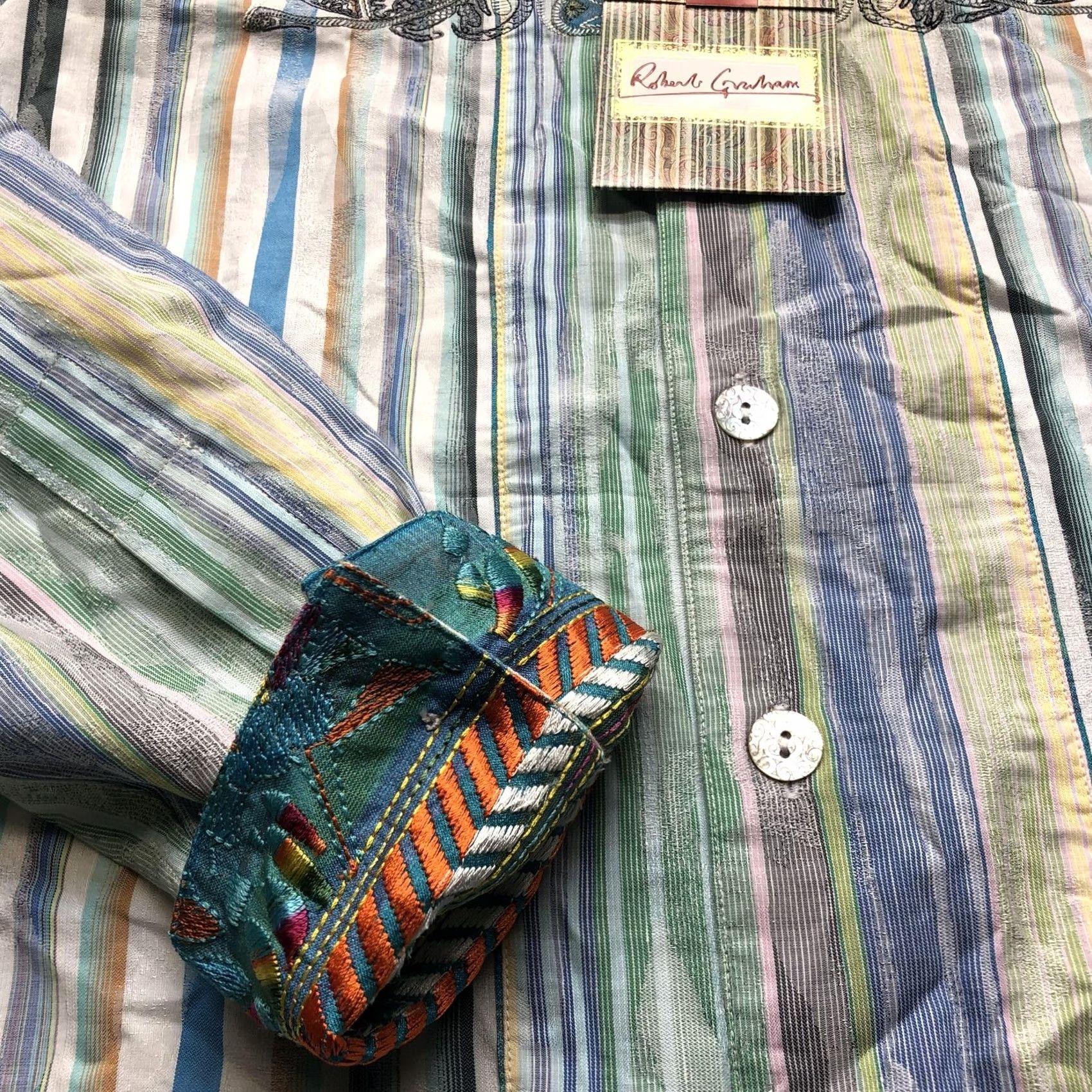 Robert Graham Robert Graham Shirt Mens Medium Multicolor Striped Button-Up Long Sleeve Embroidered Casual Shirt Size US M / EU 48-50 / 2 - 6 Thumbnail