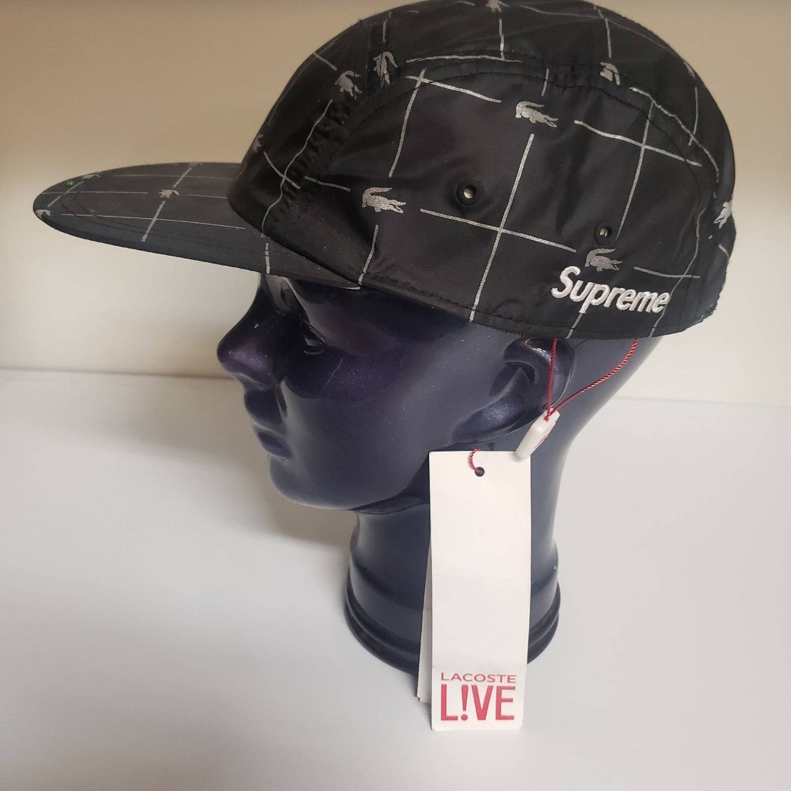 Supreme lacoste reflective grid nylon camp cap black 2025