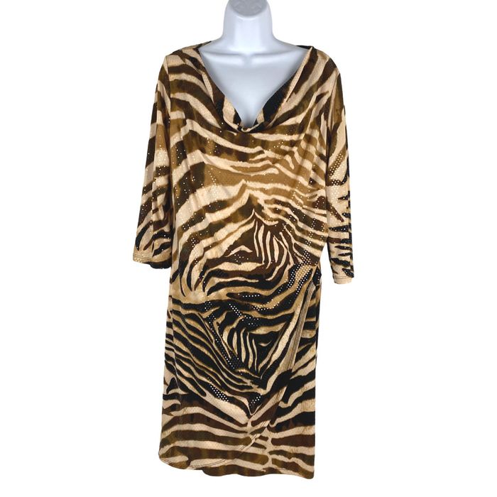 Vintage Clara Sun Woo Dress XL Faux Wrap Zebra Animal Print Drape Neck ...