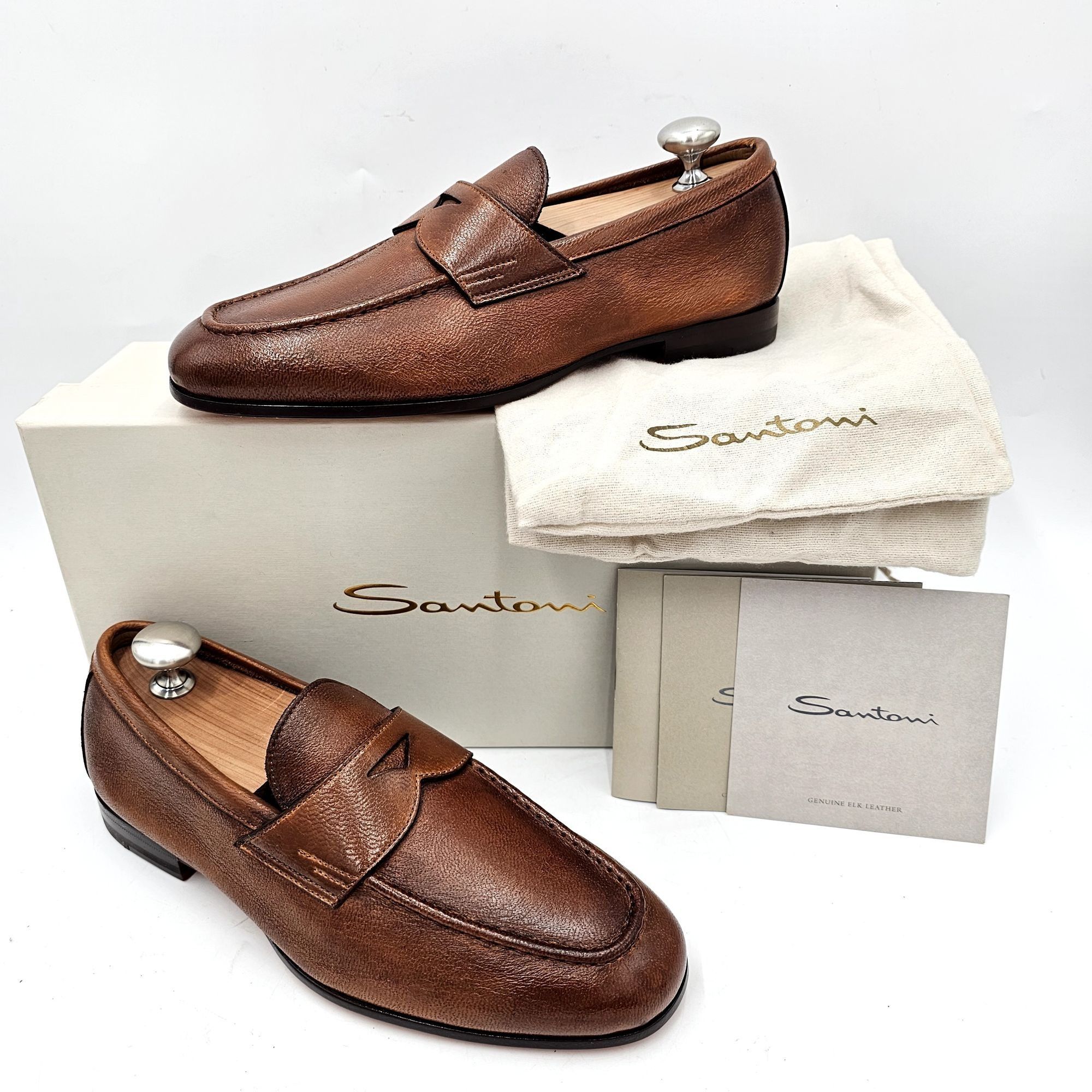image of New Italian Santoni Luxury Men's 7 Soft Brown Leather Dress Shoes in Brown Black