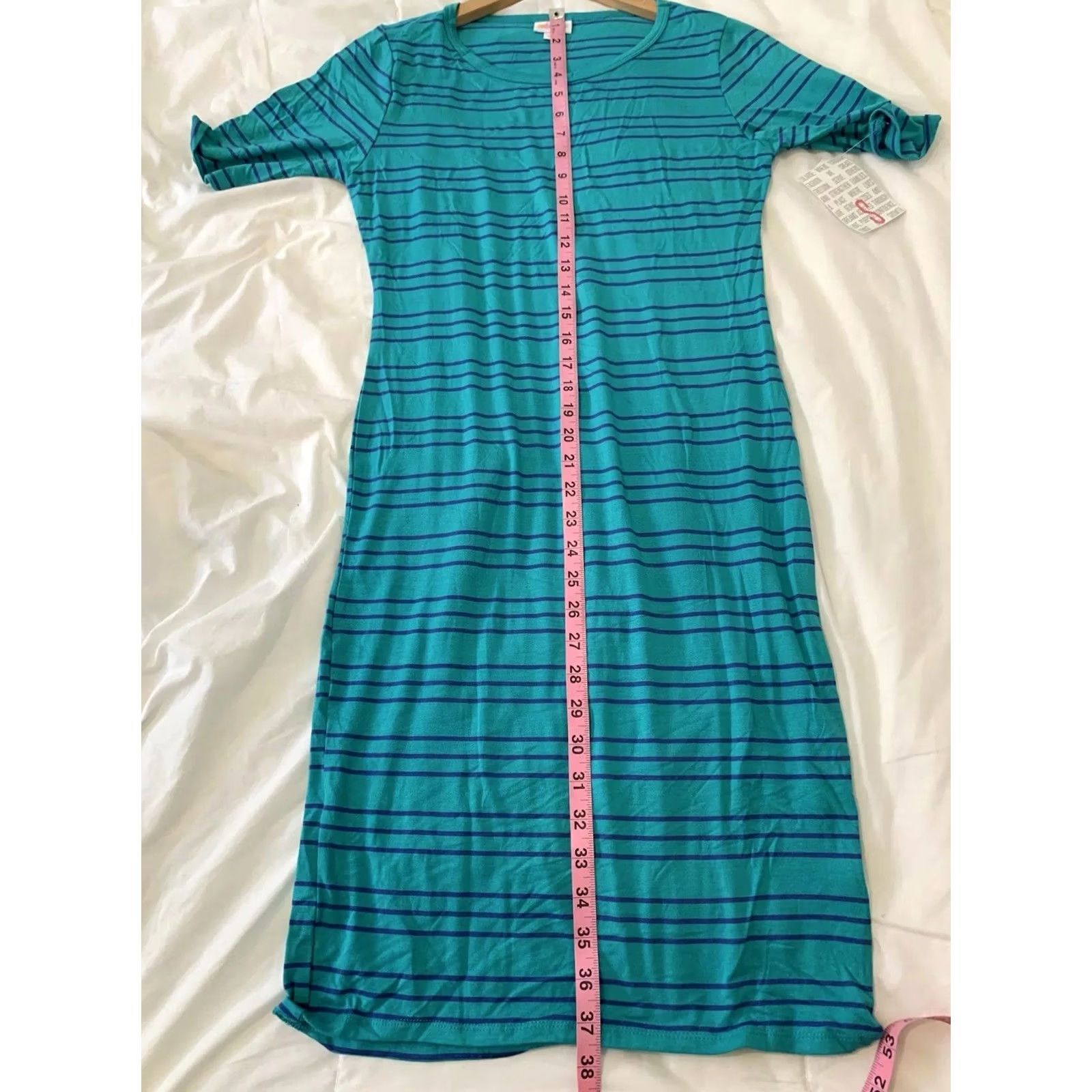 Vintage Lularoe Julia T Shirt Dress Teal Purple Stripes Women’s Small Midi Crew Neck Dress Somethin? Size S / US 4 / IT 40 - 6 Thumbnail