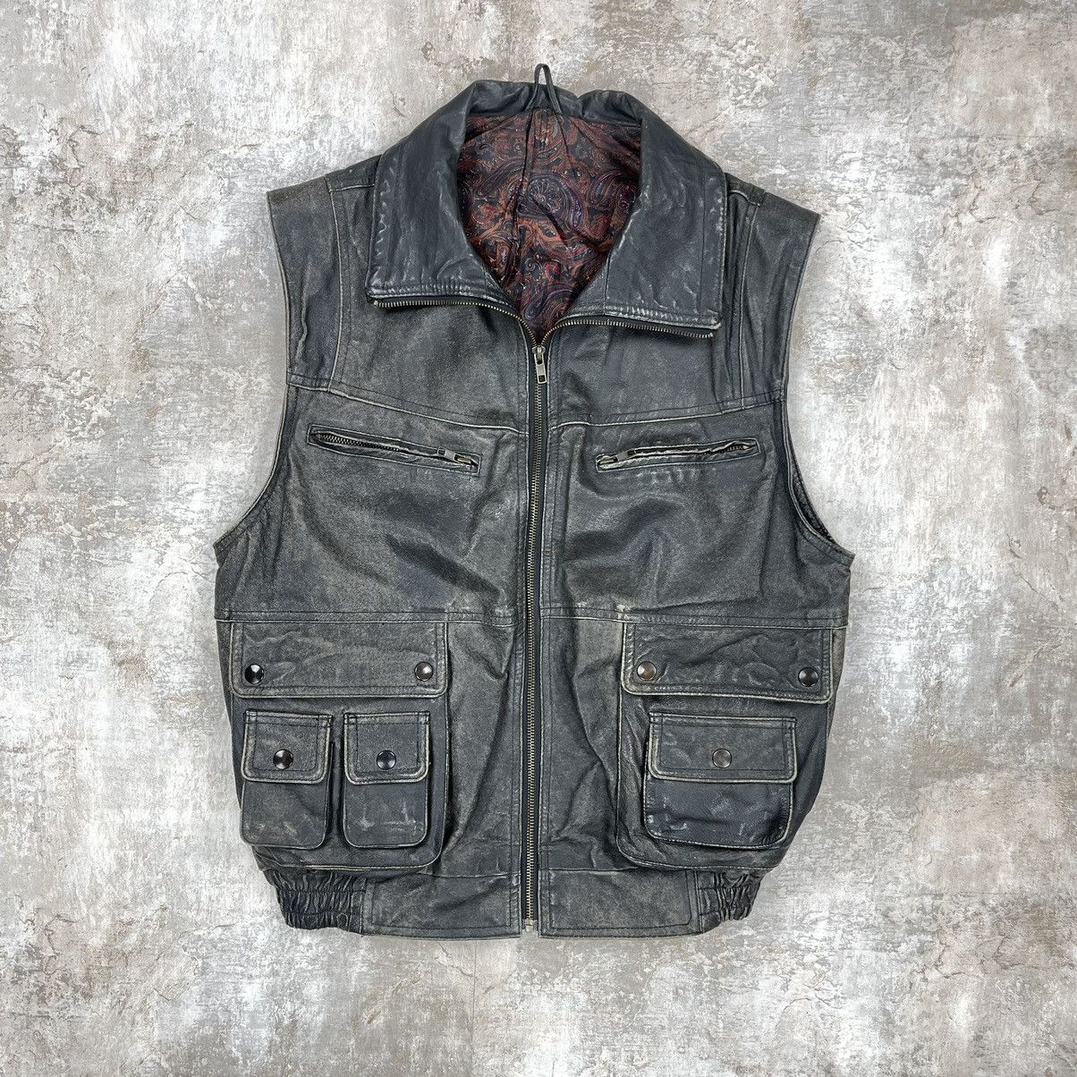 Vintage VINTAGE 90s DISTRESSED LEATHER VEST MOTO BIKER Size US L / EU 52-54 / 3 - 2 Thumbnail