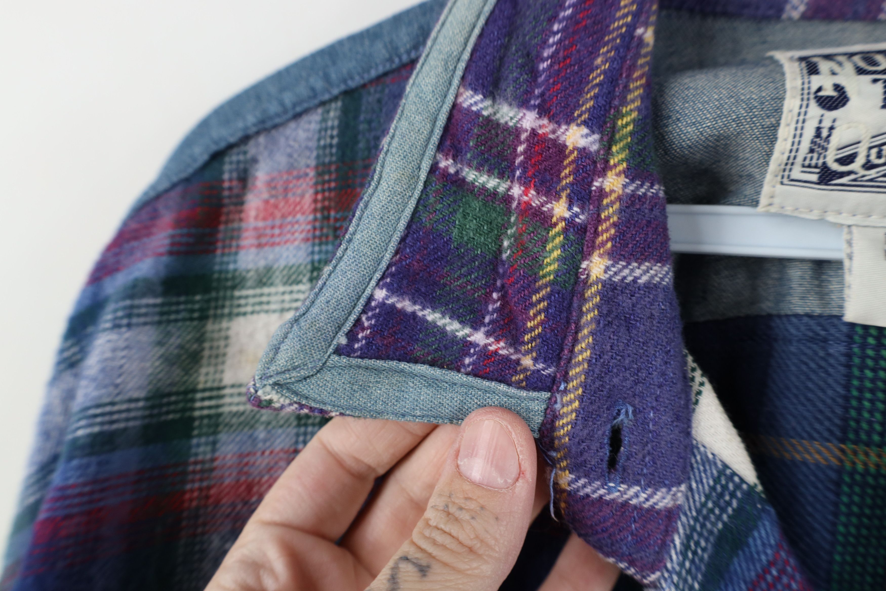 Vintage Vintage 90s Streetwear Denim Trim Flannel Button Shirt Plaid Size L / US 10 / IT 46 - 10 Thumbnail