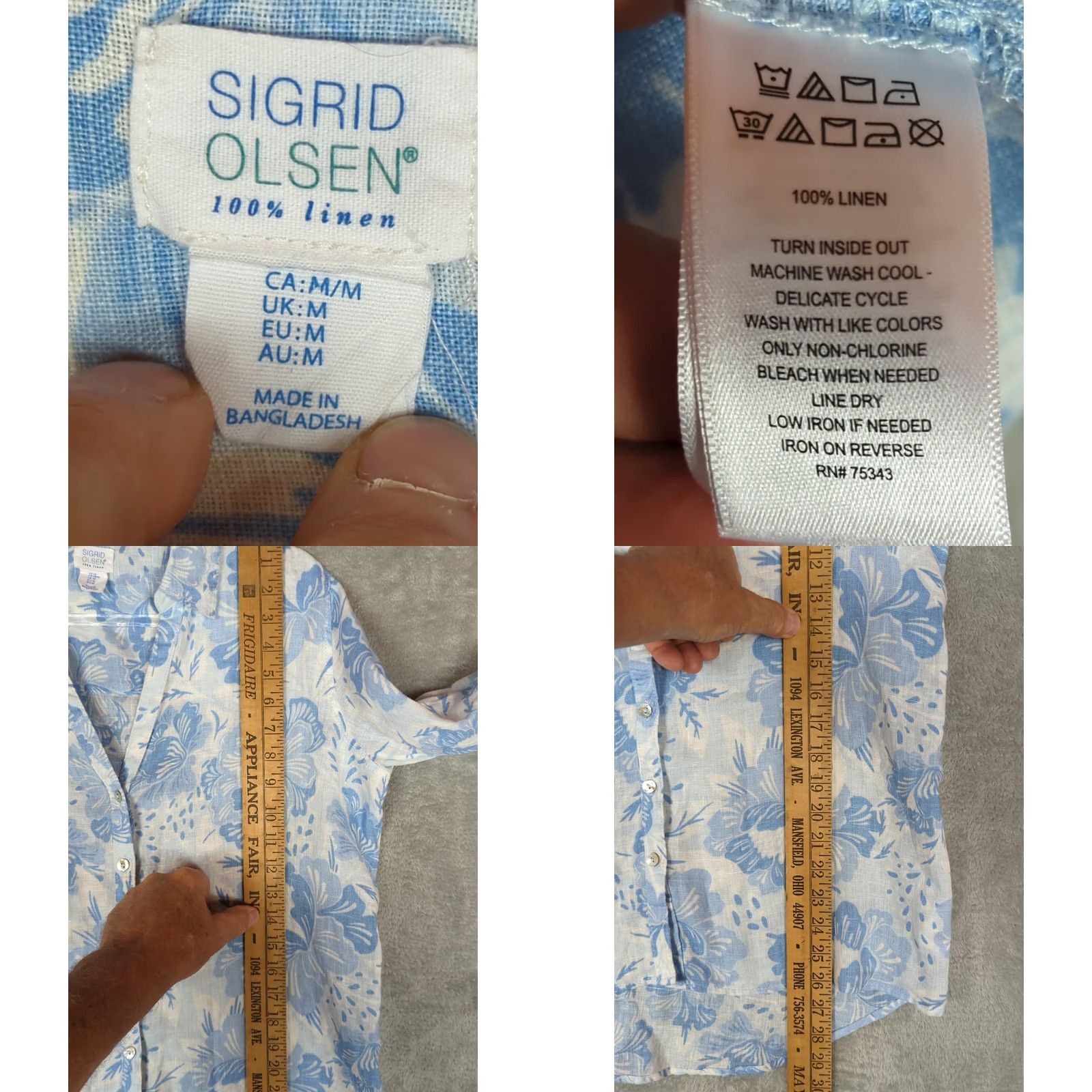 ALOHAS Sigrid Olsen Blouse M Linen Roll Tab Sleeve Button Down Blue Floral Beach Tunic Womens Size M / US 6-8 / IT 42-44 - 8 Thumbnail