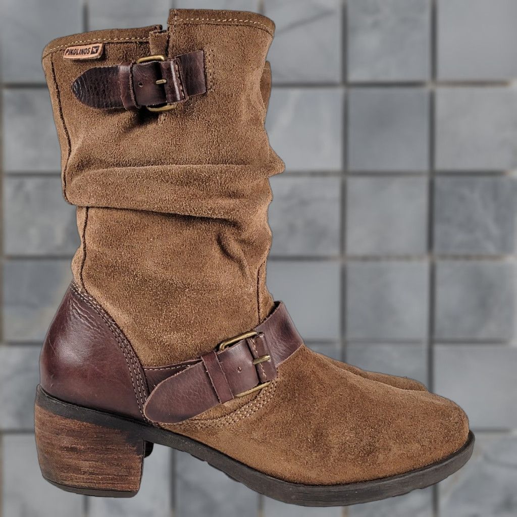 Vintage PIKOLINOS Boots Womens 37 EUR Brown Leather Zip Buckle Slouch Mid-Calf Bootie 2 1/8" Heel Womens Brown Leather Zip Slouch Boot Pikolinos Size US 7 / IT 37 - 1 Thumbnail