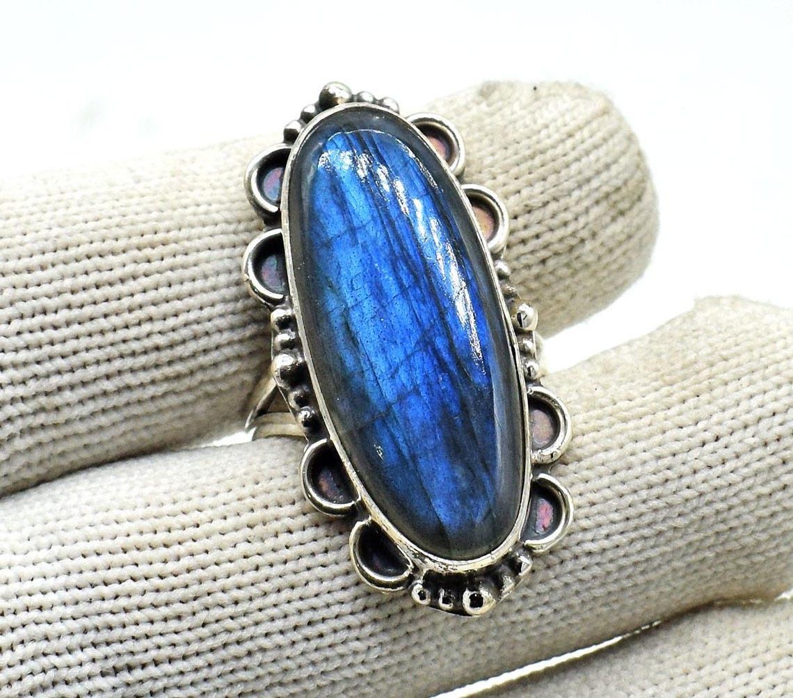 Handmade Labradorite 925 Silver Ring Oval Huge Statement Jewelry Size ONE SIZE - 2 Thumbnail