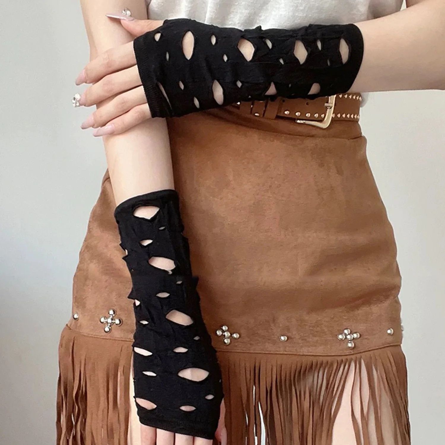 Other Gothic Party Fingerless Gloves Unisex Tear Design Size ONE SIZE - 3 Thumbnail