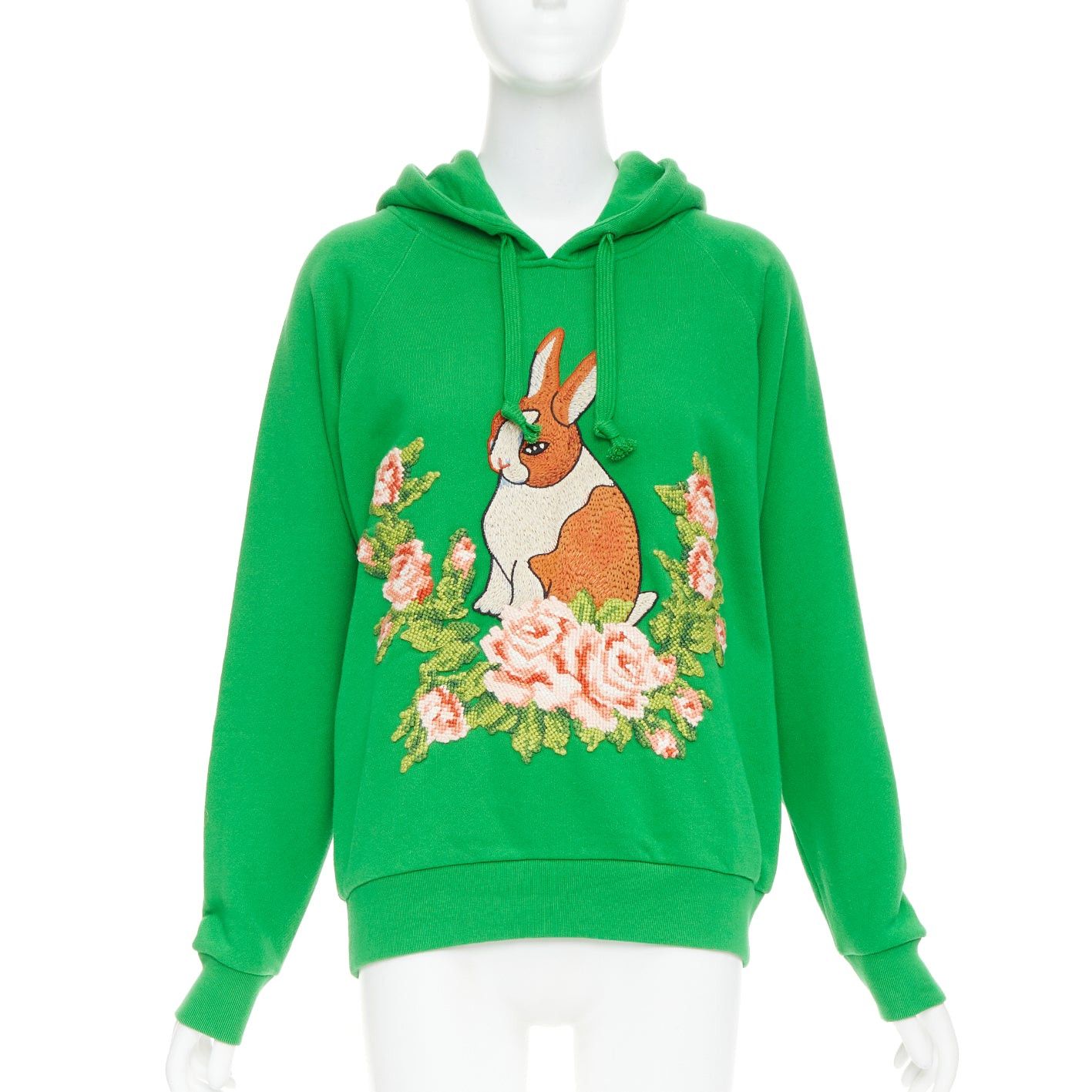 Gucci GUCCI Michele green cotton jersey embroidered Bunny flower hoodie XS Size XS / US 0-2 / IT 36-38 - 1 Thumbnail