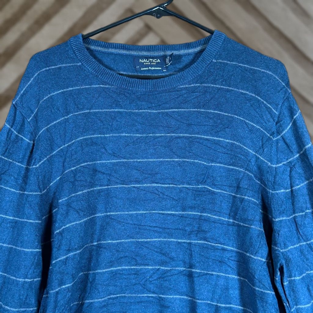 Nautica Nautica Mens Sweater Pullover Striped Blue Modal Blend Large Crew Neck Knit Regular Fit Casual Workwear Mens Size US L / EU 52-54 / 3 - 1 Thumbnail