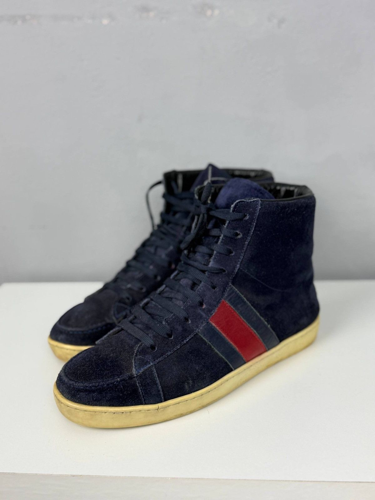 Gucci Gucci Navy Blue Suede Web High Top Sneakers Size US 8 / EU 41 - 2 Thumbnail