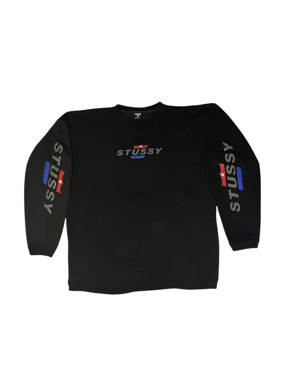 90s STUSSY CUBAN FLAG LONG SLEEVE SPELLOUT CREW NECK RARE XL