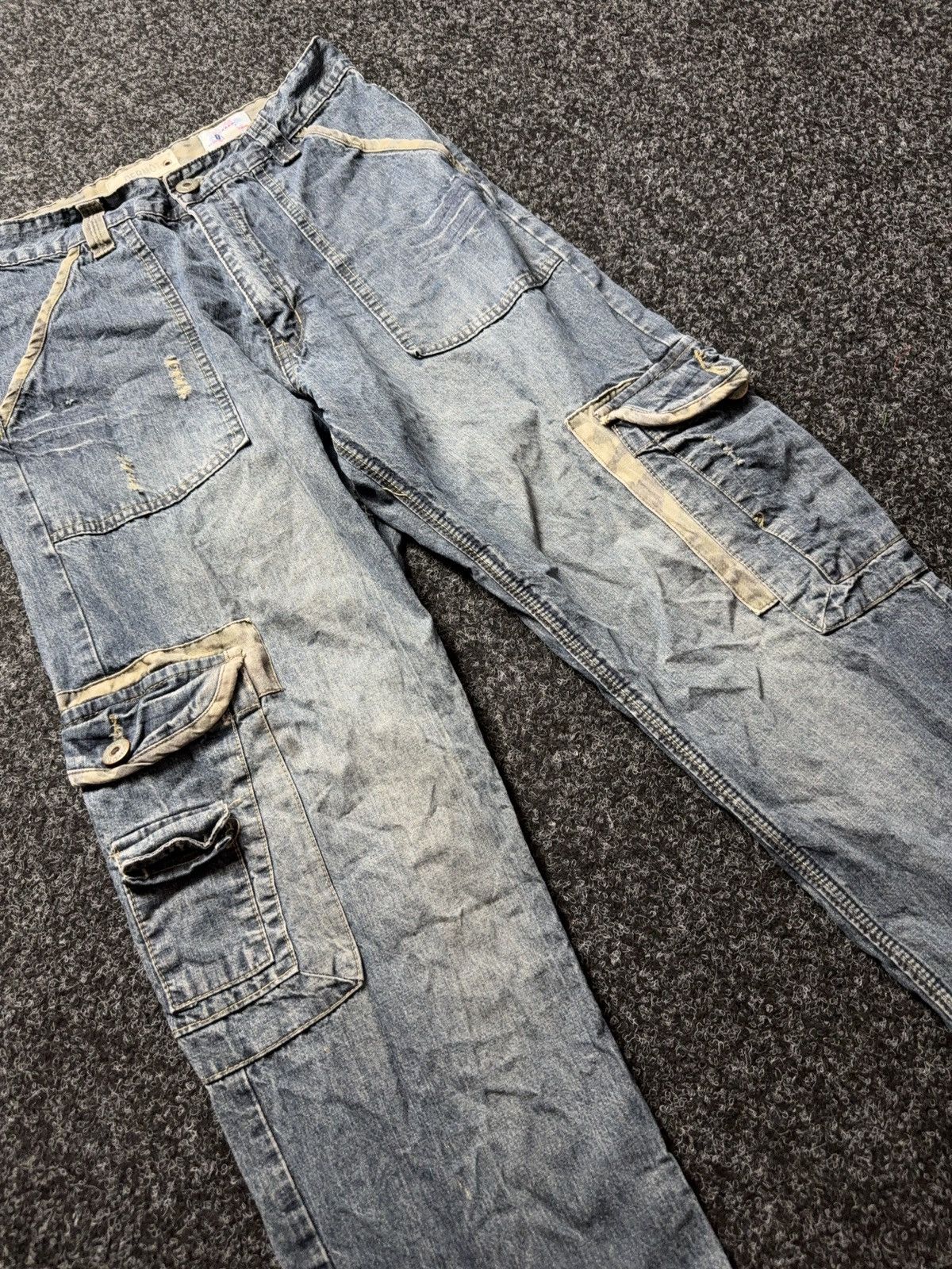 Japanese Brand Vintage 00s Denim Cargo Jeans Y2K Distressed Workwear Baggy Size US 31 - 6 Thumbnail