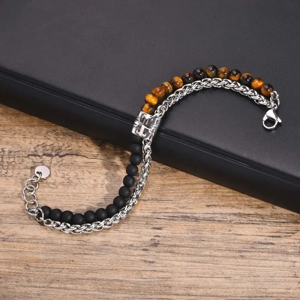 Jewelry × Vintage Double Layer Beaded Bracelet Matte Agate Tiger Eye Black St Size ONE SIZE - 6 Thumbnail