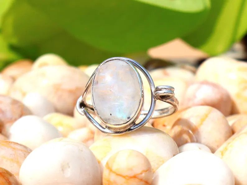 Handmade Rainbow Oval Moonstone Ring, Handmade Sterling Silver Ring Size ONE SIZE - 2 Thumbnail