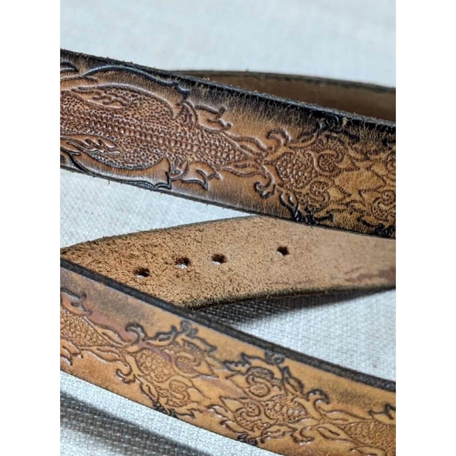 Vintage VINTAGE leather belt 1-1/4" full grain cowhide brown western belt Men 46 Southwestern patina buckle snaps Cowboy Rodeo 46 Mens Size 46 - 2 Thumbnail